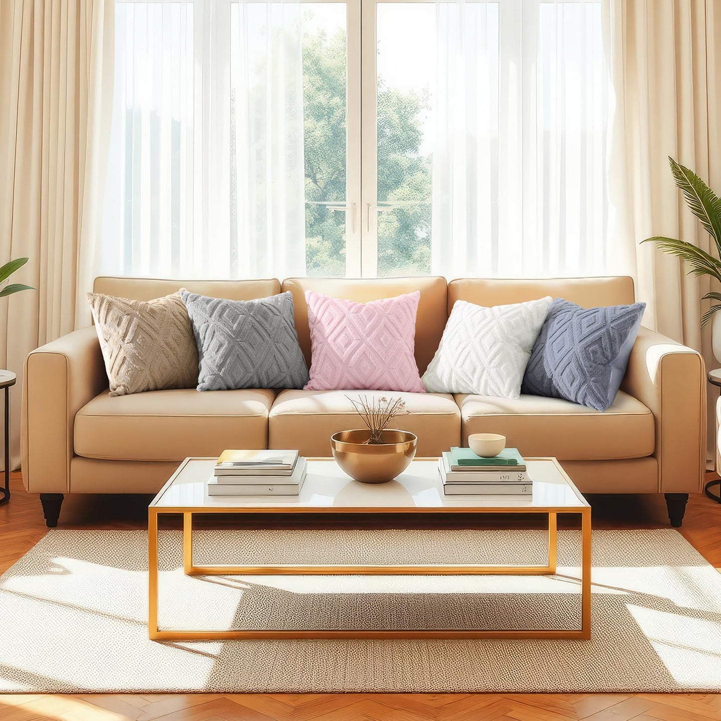 decorUhome Summer Couch Euro Sham Throw Pillow Covers 26x26 Set of 2, Decorative Soft Plush Faux Fur Wool Accent Pillow Covers for Modern Farmhouse Bed Sofa Living Room, Beige