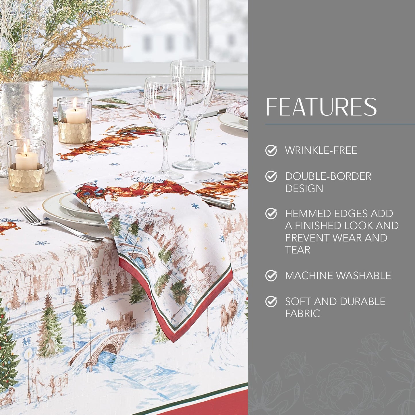 Elrene Home Fashions Santa Snowy Sleighride Wrinkle Resistant Holiday/Christmas Tablecloth, 60"X120", Rectangle