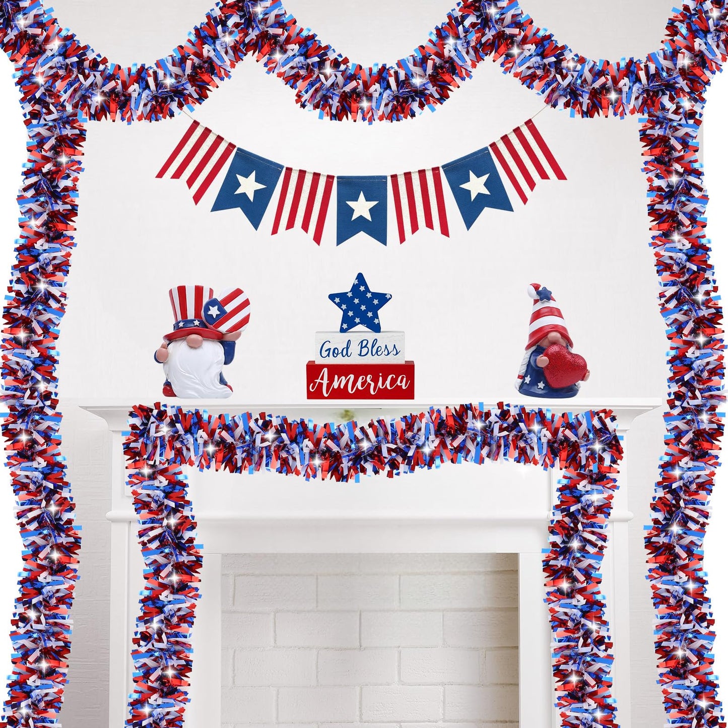 50 FT 4th of July Tinsel Garland Red White and Blue Garland Fourth of July Garland Patriotic Garland for Home Party Holiday Celebration Memorial Day Independence Day 4th of July Decorations