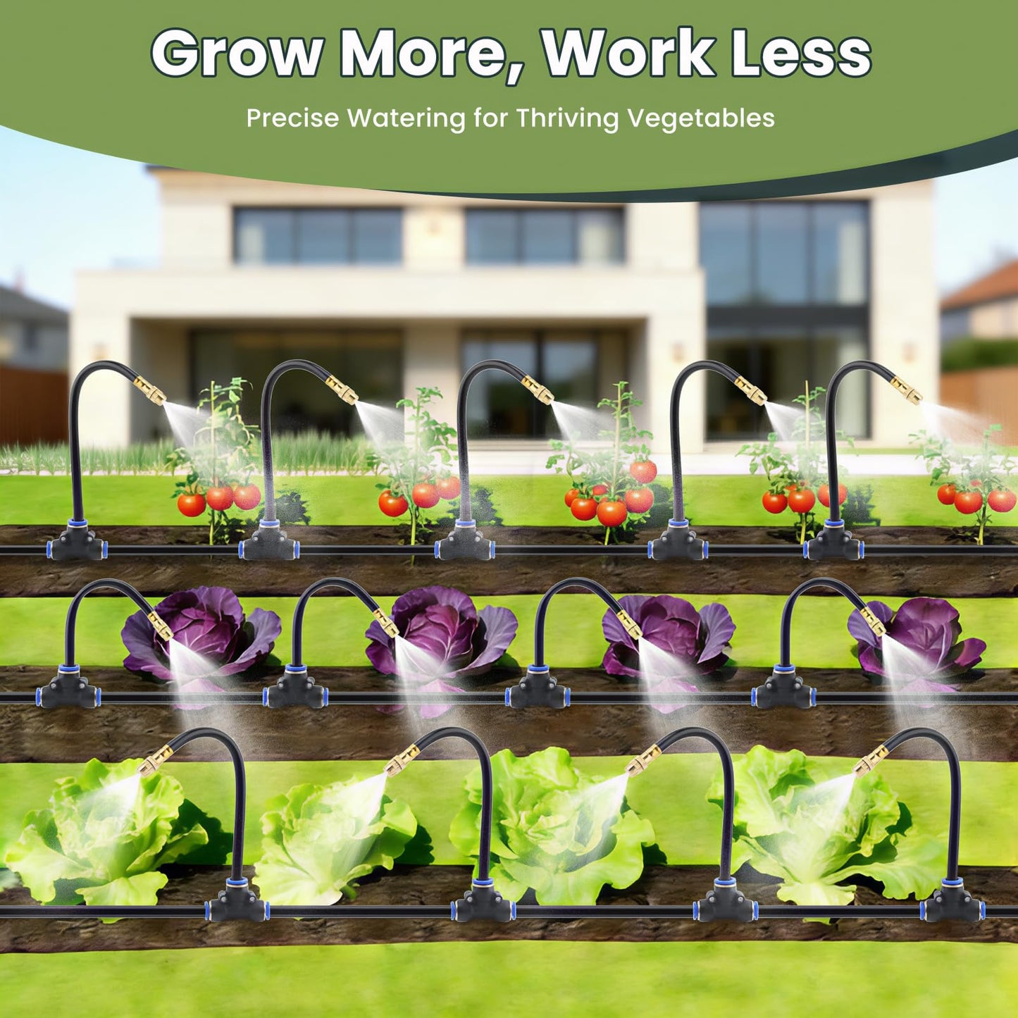 100FT Automatic Drip Irrigation Kits with Water Timer - Garden Watering System with 360° Bendable Spray Adjustable Copper Atomizing Nozzles for Yard, Lawn, Raised Bed, Greenhouse, Potted Plants