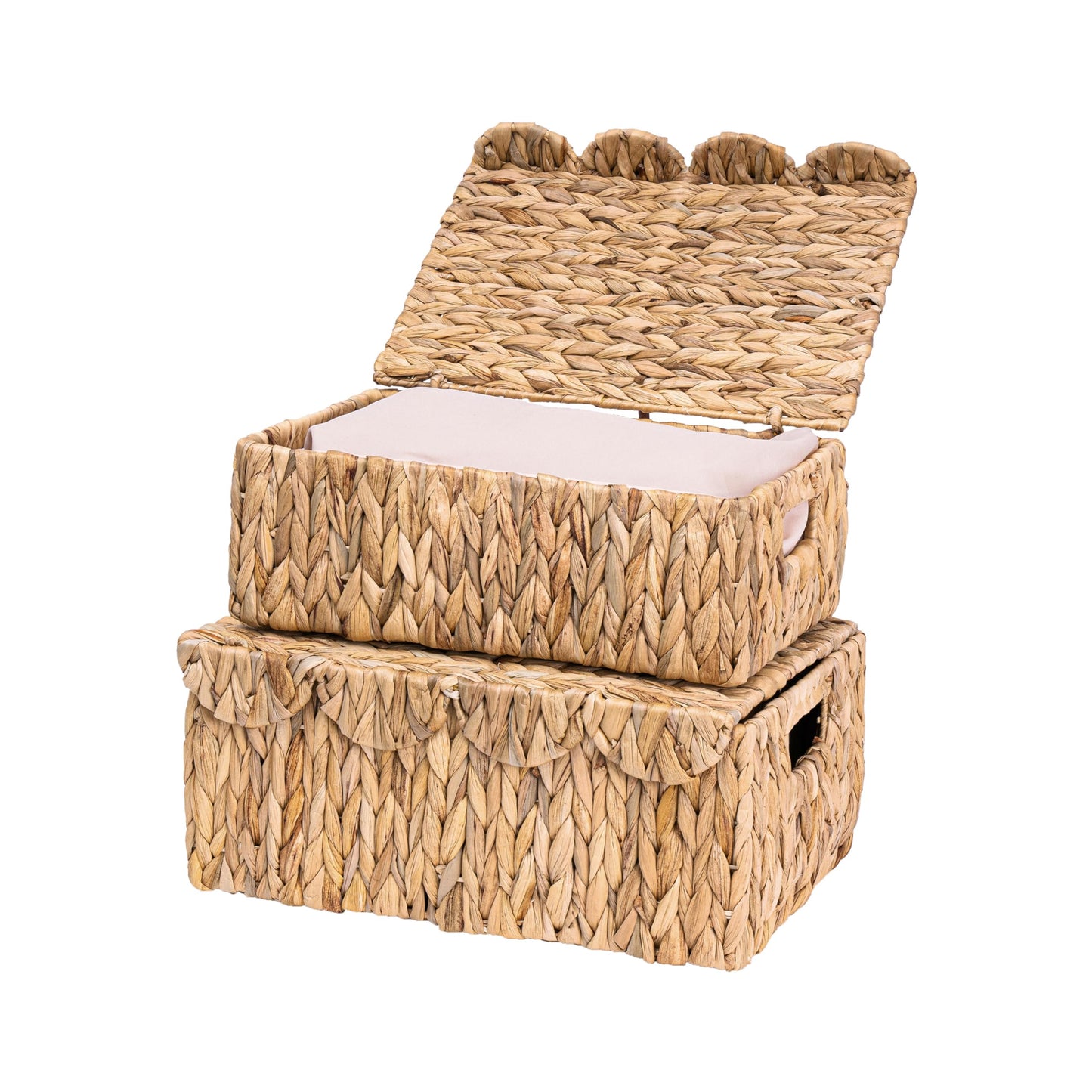 LUSYDECO Set of 2 Scalloped Edge Wicker Basket with Lids, Rectangle Wicker Storage Basket with Built-in Handles, Multipurpose Organizer Rattan Display Boxes for Shelf, Nursery Room