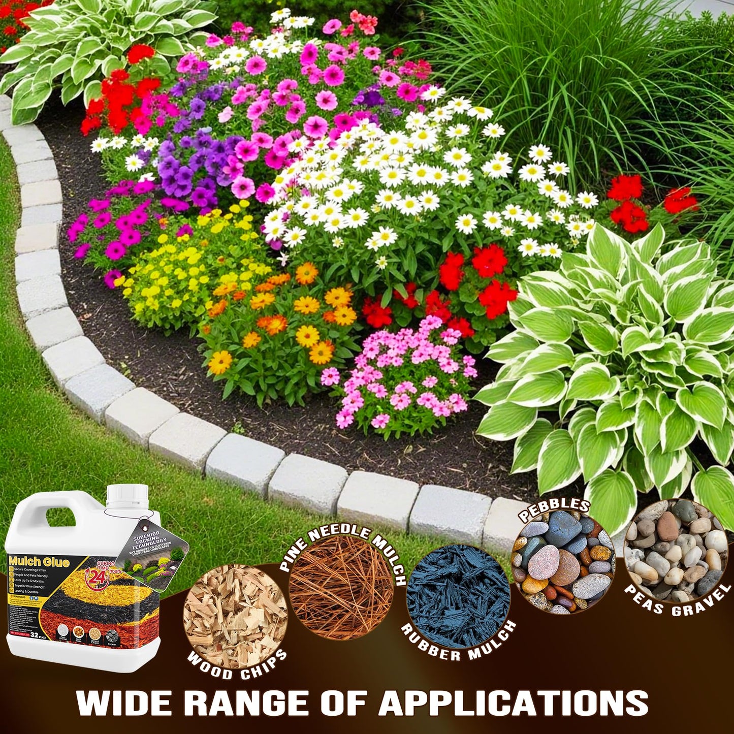 Mulch Glue - 32 OZ Rubber Mulch for Landscaping, Pet Safe Rock Glue, Ground Coverage Gravel Glue, Stone Sealer, Mulch Adhesive for Pathway, Patio, Plants, Fast Dry Non-Toxic No Mixing Required