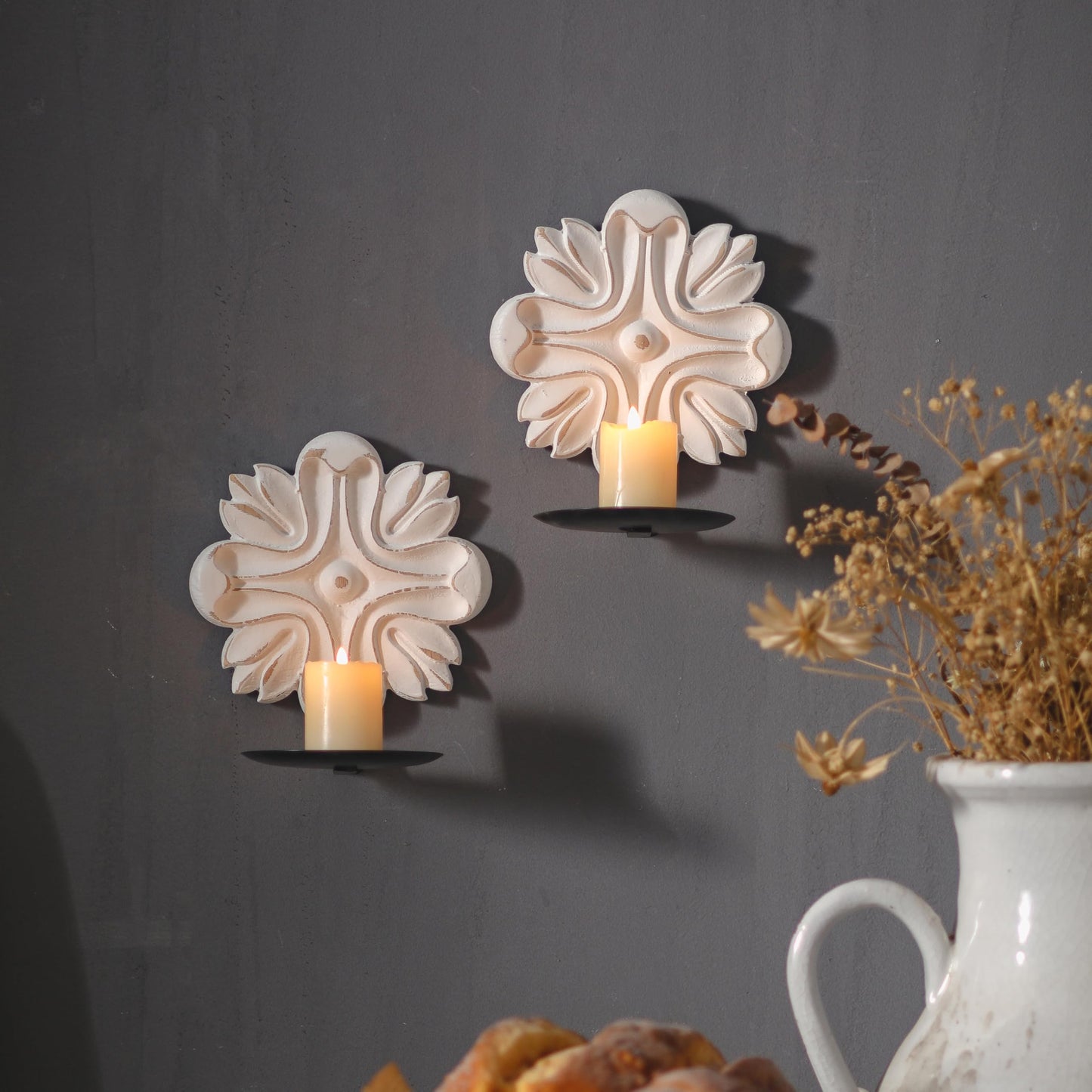 SOFE Small Wood Candle Sconces Set of 2, Carved Flower White Candle Holder for Pillar Candle, Rustic Candle Wall Holder, Living Room, Bedroom, Kitchen Art Wall Decor