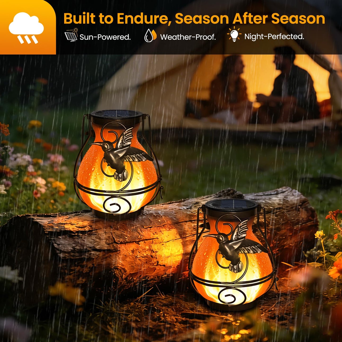 2 Pack Solar Lanterns Outdoor Waterproof , Metal Hummingbird Flickering Flame Solar Lights, Hanging Decorative Lantern for Patio Garden Porch, Gifts for Women, Mom