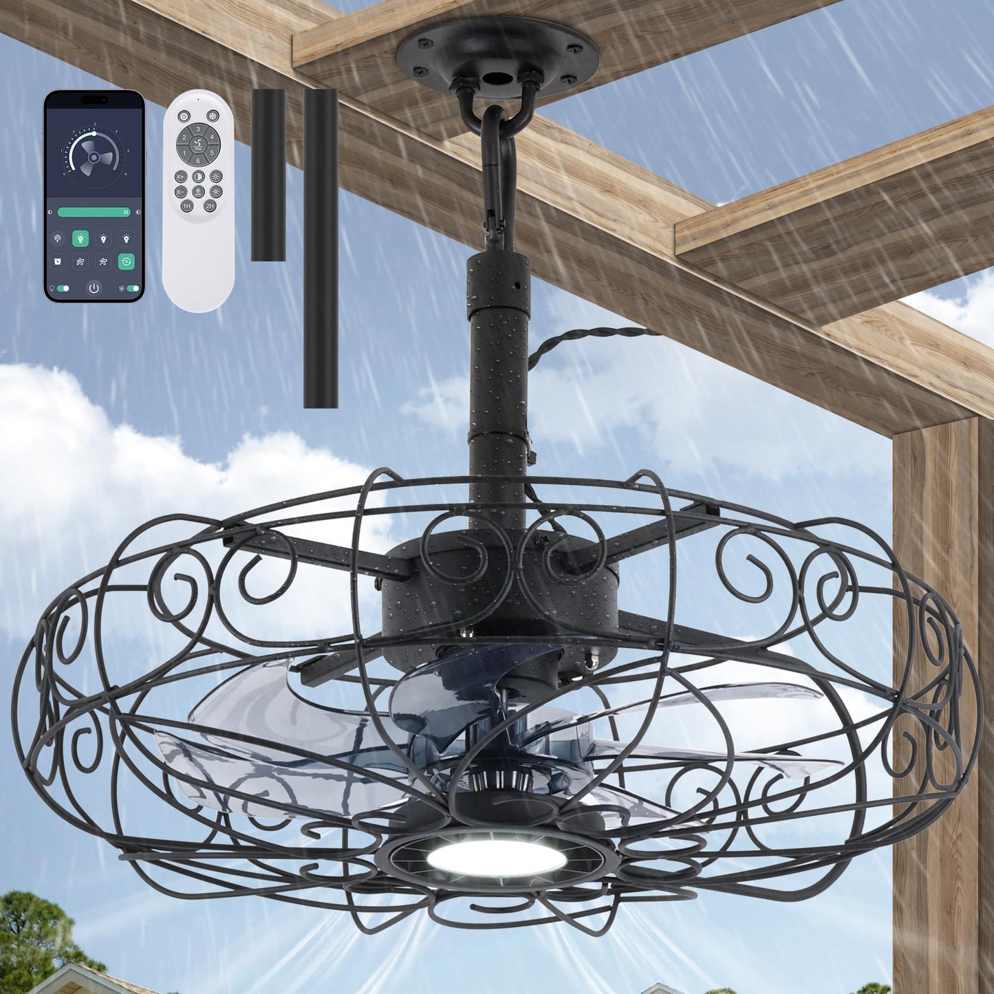 Kuailkag Waterproof Gazebo Fan 20-Inches,Outdoor Ceiling Fan with Light and Remote,APP,3CCT 6-Speeds Plug-in Patio Fans for Outside Porch Pergola(Black)