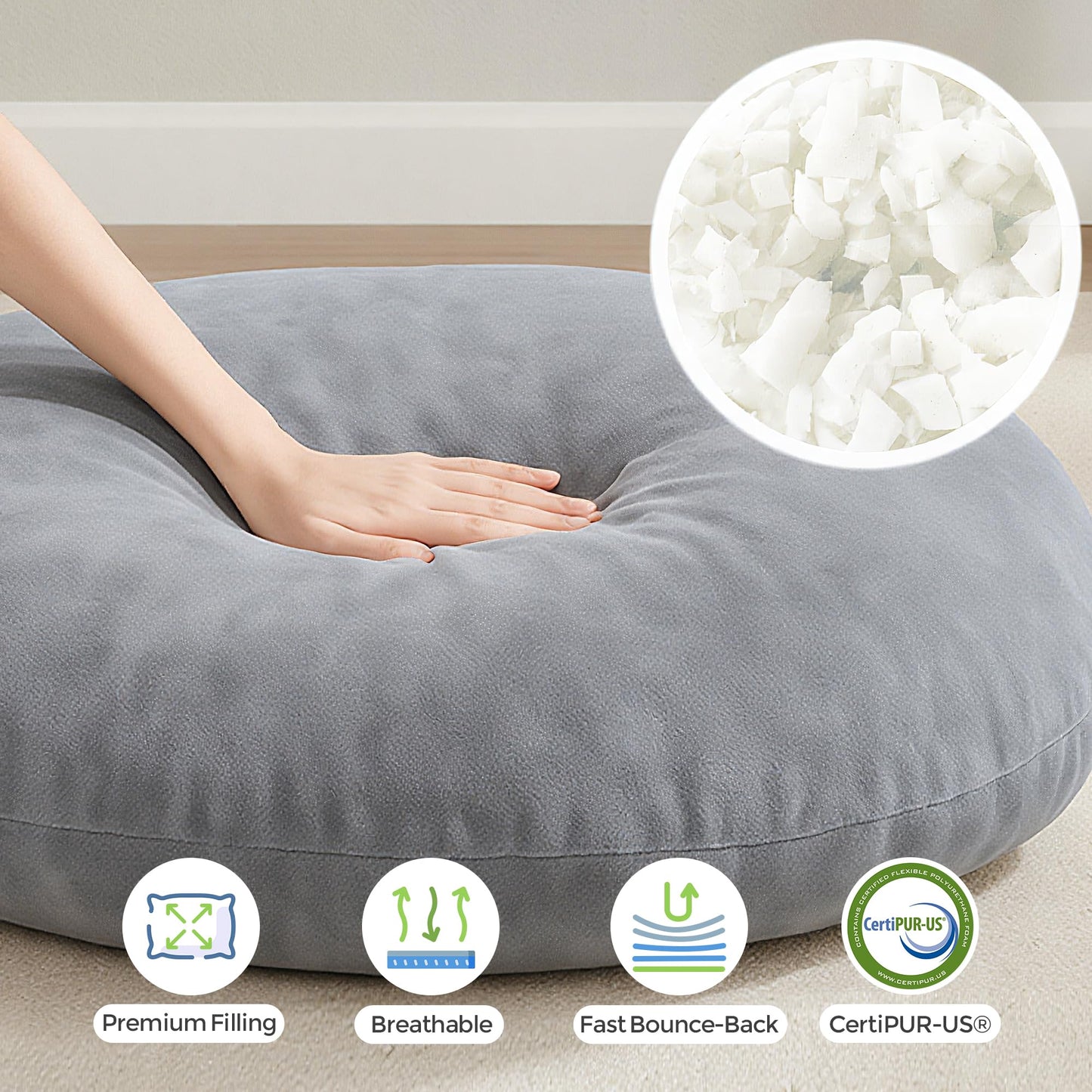 Codi Large Meditation Cushions – Round Floor Pillows for Adults with Removable Washable Cover, Soft and Supportive Floor Cushion for Yoga, Seating and Dog Bed, 32 inch - Grey