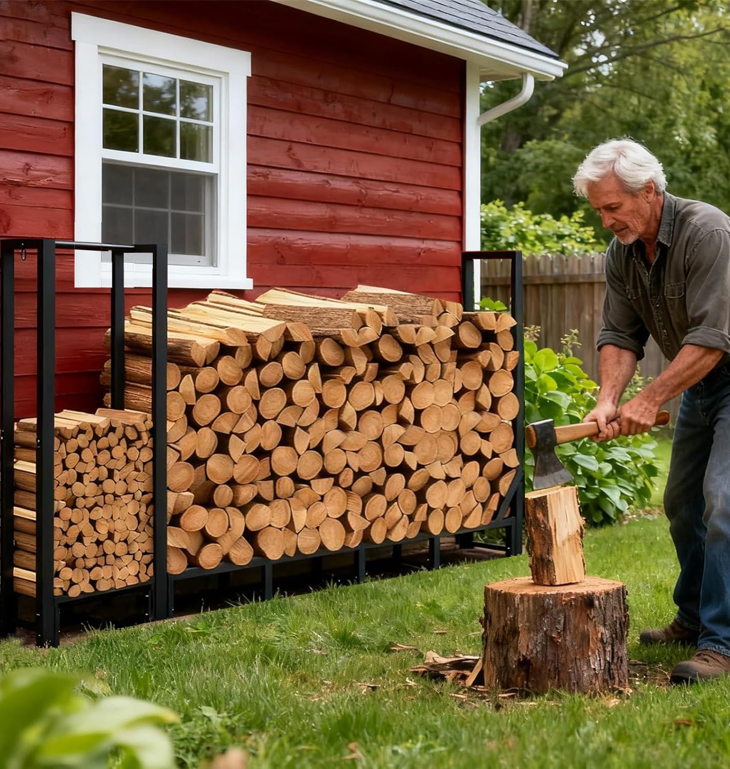 Shomextol 8ft Large Firewood Rack Outdoor, Heavy Duty Metal Wood Rack with Kindling Storage - For Indoor & Outdoor Fireplace, Wood Pile Organizer,Black