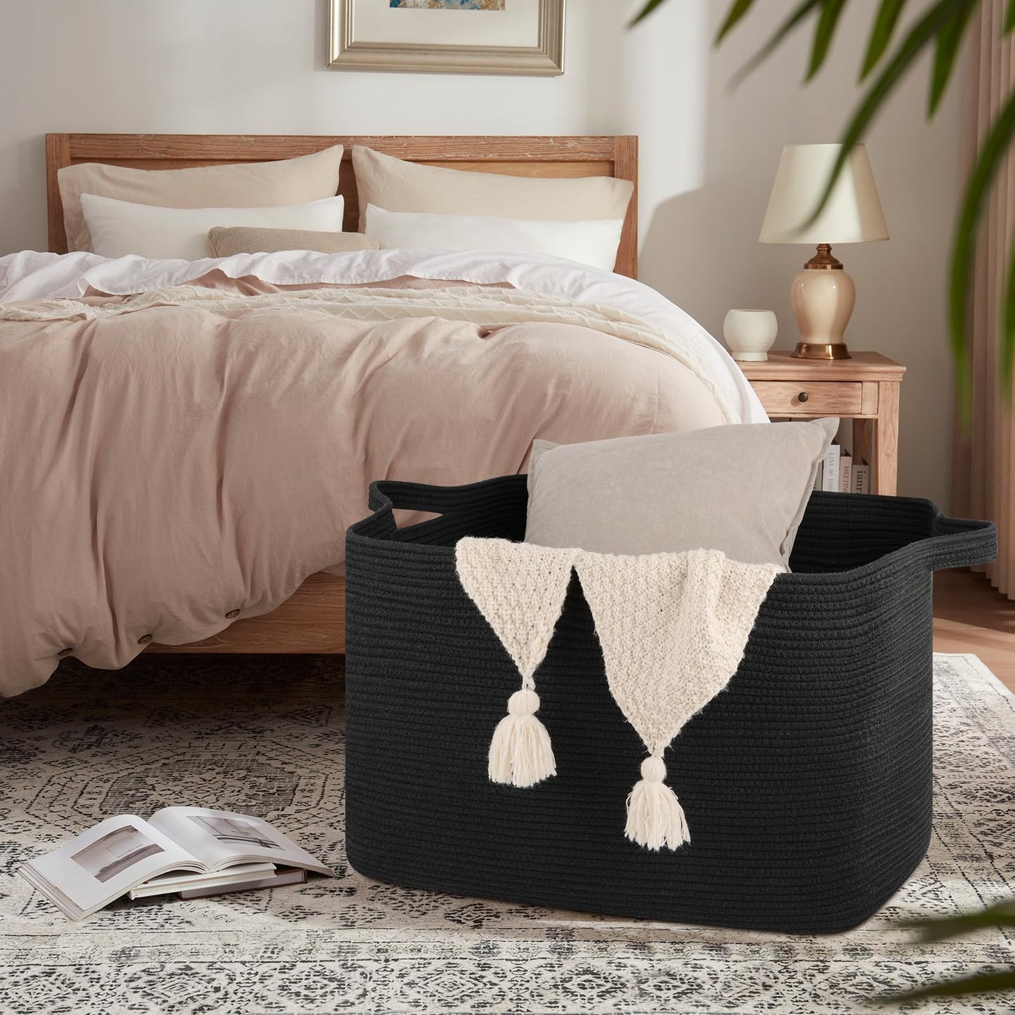 OIASKET 118L Extra Large Blanket Basket, 24.8"x17.7"x16.2" Woven Rope Baskets for Storage, Nursery Blanket Storage for Living Room, Toy Basket with Handle Organizing Comforter Cushions Pillows, Black