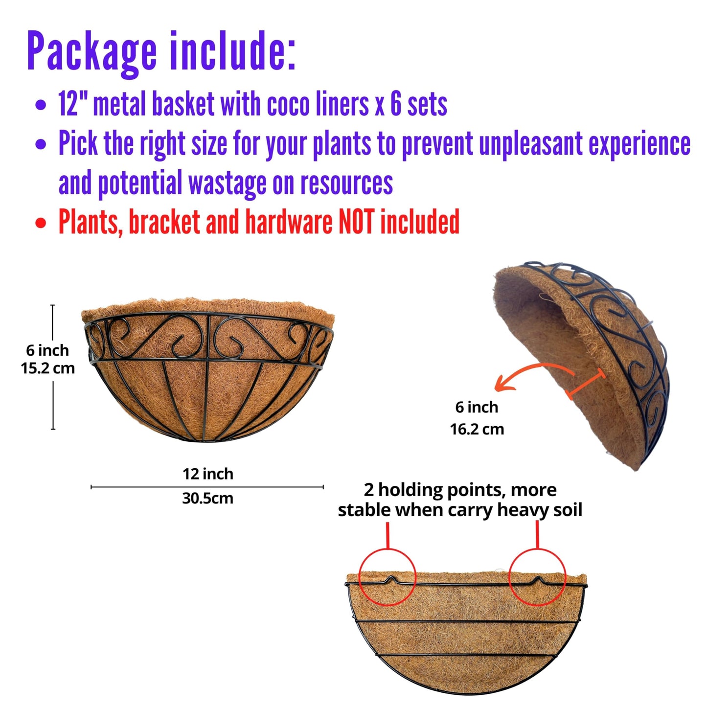 LaLaGreen Wall Hanging Planters, 6 Pack, 12 Inch Balcony Flower Baskets with Coco Liner Outside, Outdoor Vertical Garden, Fence Pots Holder Half Round Semi Circle Rail Railing Deck Porch Balcony Patio