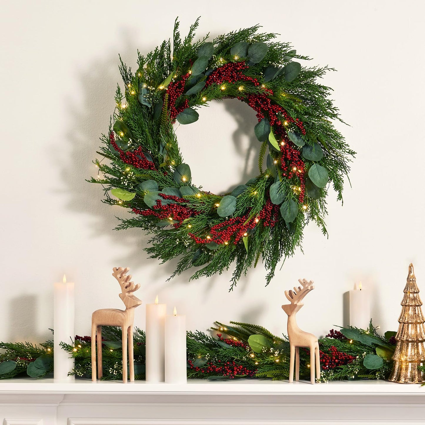 Lamplust Lighted Garland with Lights Battery Operated, 6 Ft Red Berry & Eucalyptus, 100 LED with Timer, Greenery Garland for Indoor Home Decor, Spring Decor, Table Centerpiece, Stairway Decorations