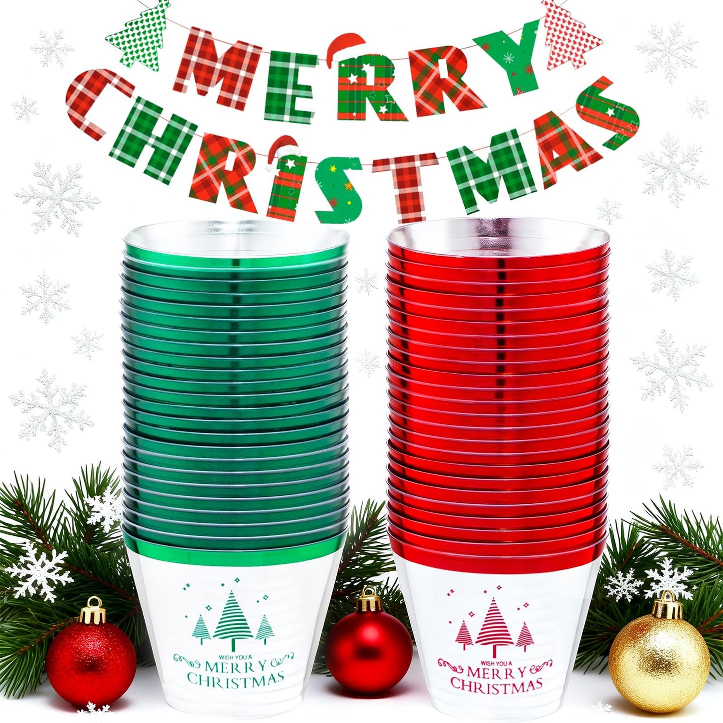 LUODA 60PCS 9 oz Christmas Party Cups, Merry Christmas Plastic Cup,Red and Green Edge Xmas Disposable Clear Cup for Party &Xmas Eve Decoration