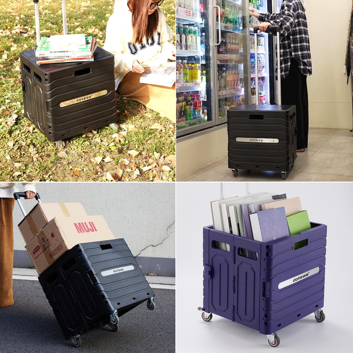 Folding Utility Cart Black Portable Rolling Crate Handcart Foldable Shopping Trolley Collapsible, with Lid, on Wheels, for Grocery, Garden, Office, Storage, Teacher, Tool (Black)