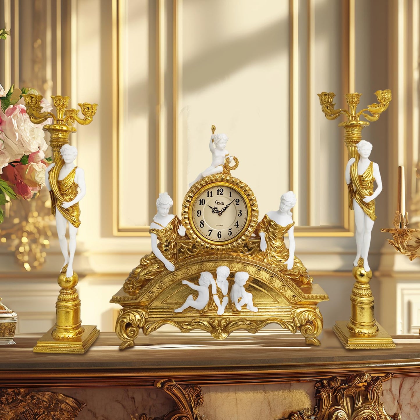 GENUINQ Clock Ornate Rococo Style Mantel Clock with Candelabras Candle Holders Gold for Home Decor