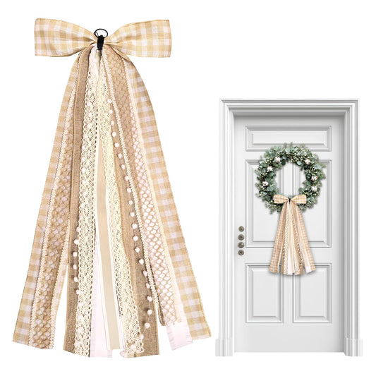 Vickasi Fall Plaid Wreath Bows for Front Door, Natural Assorted Lace Ribbon Autumn Clip-On Sash Ribbons Accessories for Wreath Thanksgiving Decorations