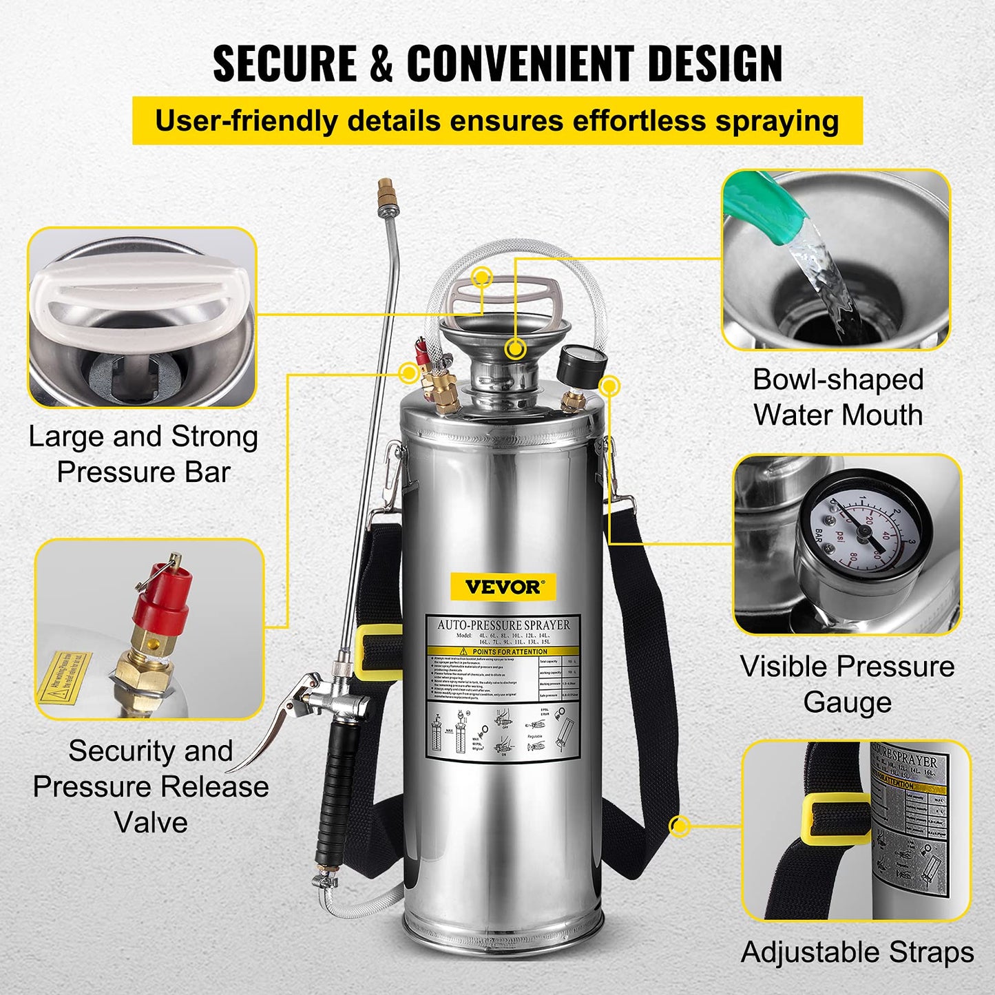 Happybuy 3 Gallon Stainless Steel Sprayer, 20" Wand & 3FT Reinforced Hose, Hand Pump Sprayer with Pressure Gauge, Safety Valve & Adjustable Nozzle, Weed Sprayers for Lawn, Gardening & Sanitizing