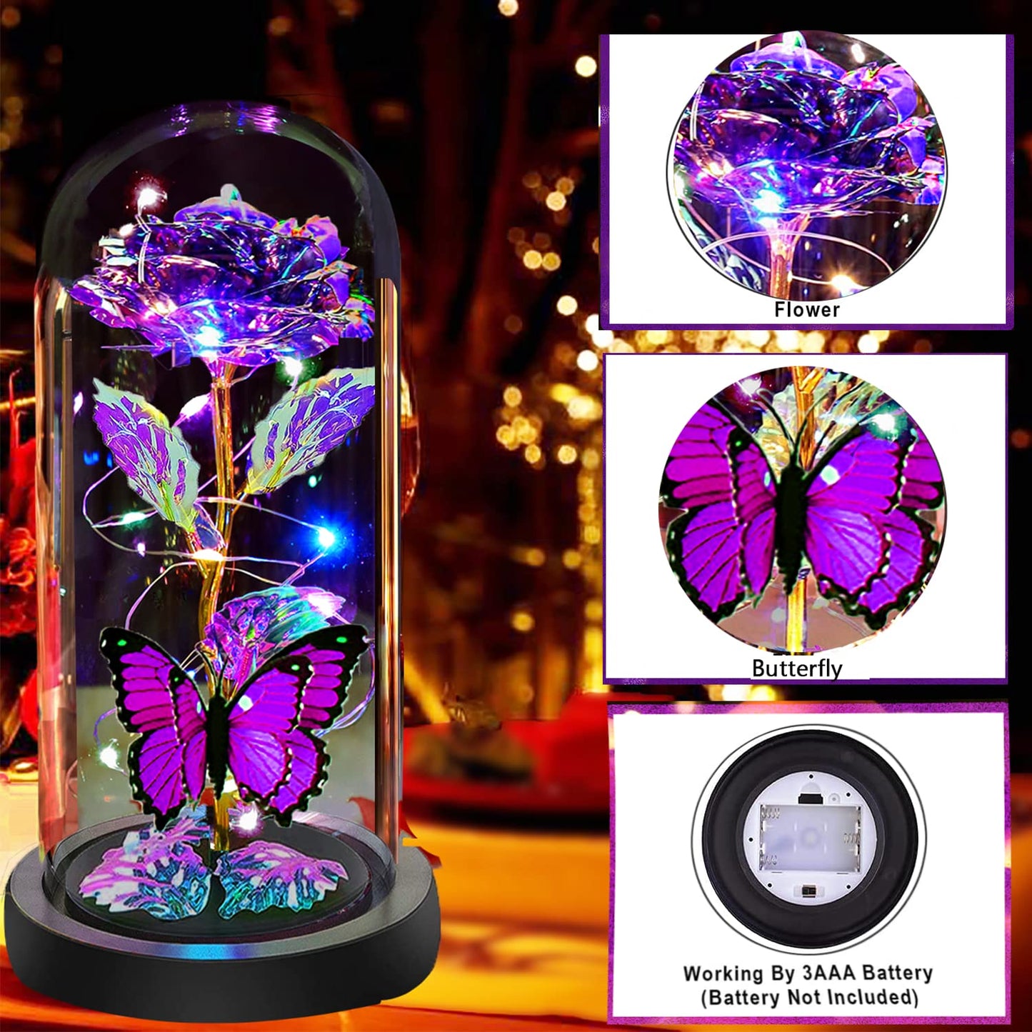 Mothers Day Rose Flower Gifts for Mom, Birthday Gifts for Women, Galaxy Crystal Light Up Rose Flowers in A Glass Dome, Mother Day Presents Wife Grandma Sister Her Mom from Daughter Butterfly Purple