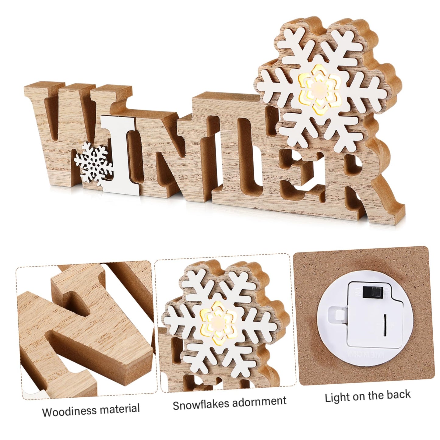 Garneck Wood Winter Sign with Snowflake LED Winter Decorations for Home Rustic Christmas Wooden Word Tabletop Centerpiece Decoration Standing Wood Plaque Sign for Xmas Home Office Shelf Mantel Party