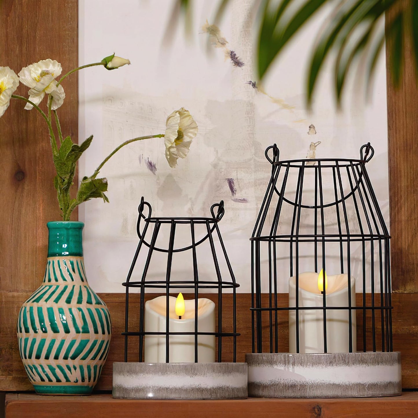Homemory Rustic Farmhouse Lantern Decor with Flameless Candle & Remote Timer, 2PCS Stylish Metal Candle Holder Home Decorations for Fireplace Mantle Kitchen Dining Table Living Room