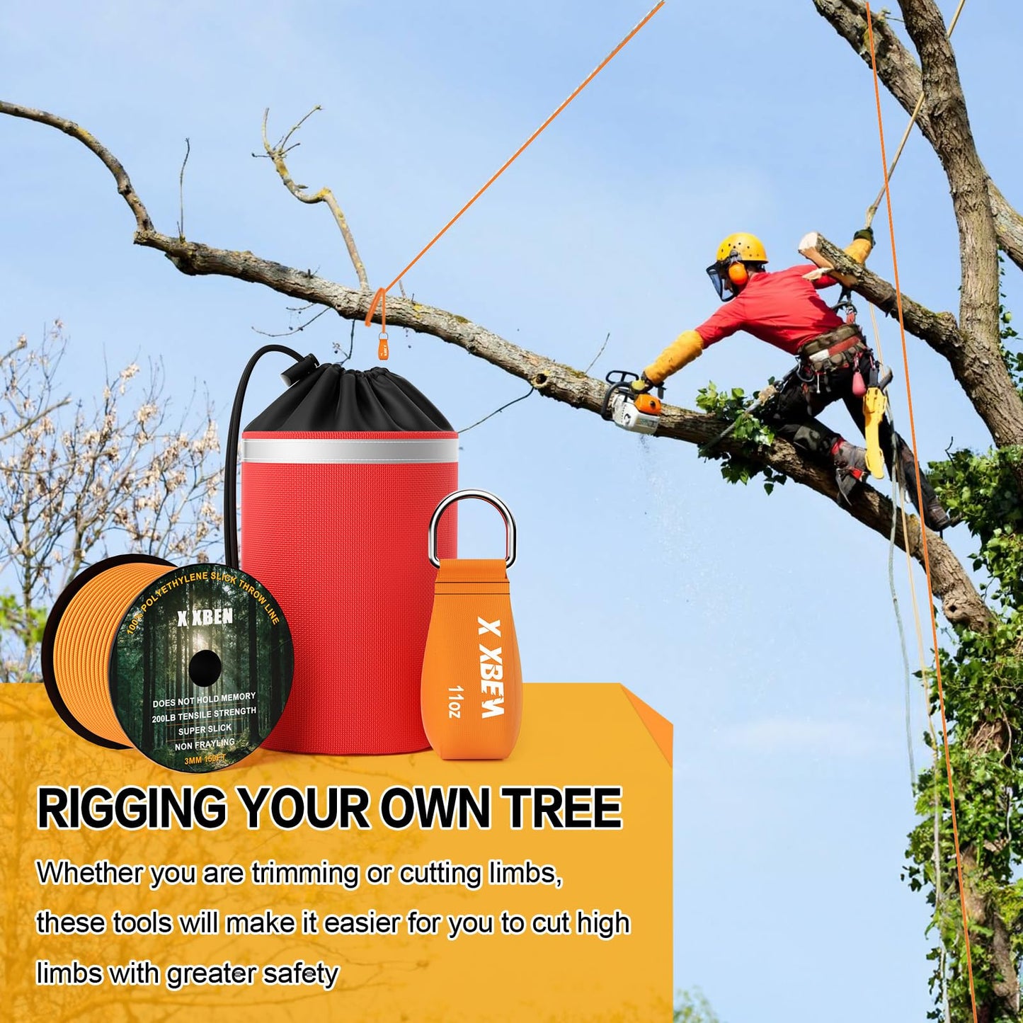 XBEN Arborist Throw Line Kit with 15oz Throw Weight, 150ft 3/19" Slick Rope & Reflective Storage Bag, Polyester Coated for Tree Trimming, Camping, Forestry Gear (4"x6" Orange Bag)