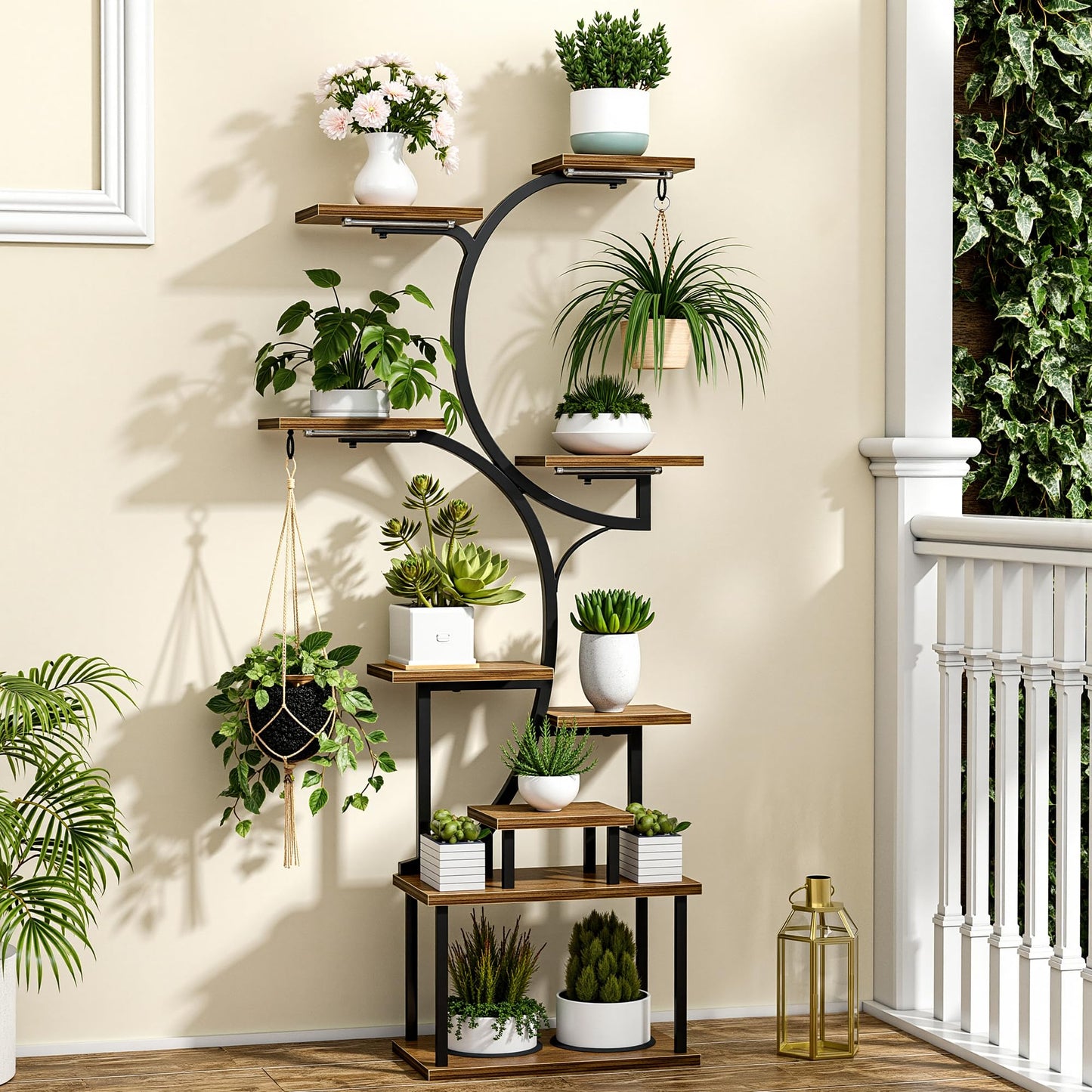 VECELO 66.1" Tall Plant Stand Indoor with Grow Lights, 9-Tier Plant Shelf with Hanging Hooks, S-Shaped Metal Plant Rack, Space-Saving for Home, Living Room & Corner Spaces, Brown