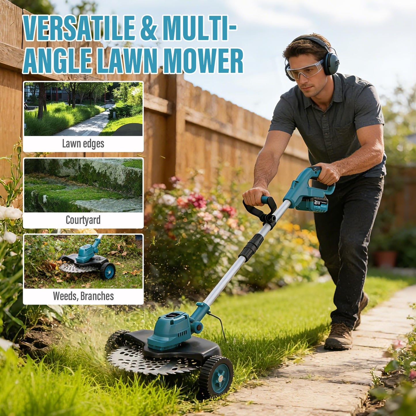 Electric String Trimmer Cordless with Wheel, 1000W Battery Powered Weed Wacker, 2x4.0Ah Batteries, Adjustable Length, 4‑in‑1 Lightweight Grass Trimmer/Brush Cutter/Weed Trimmer/Edger Tool