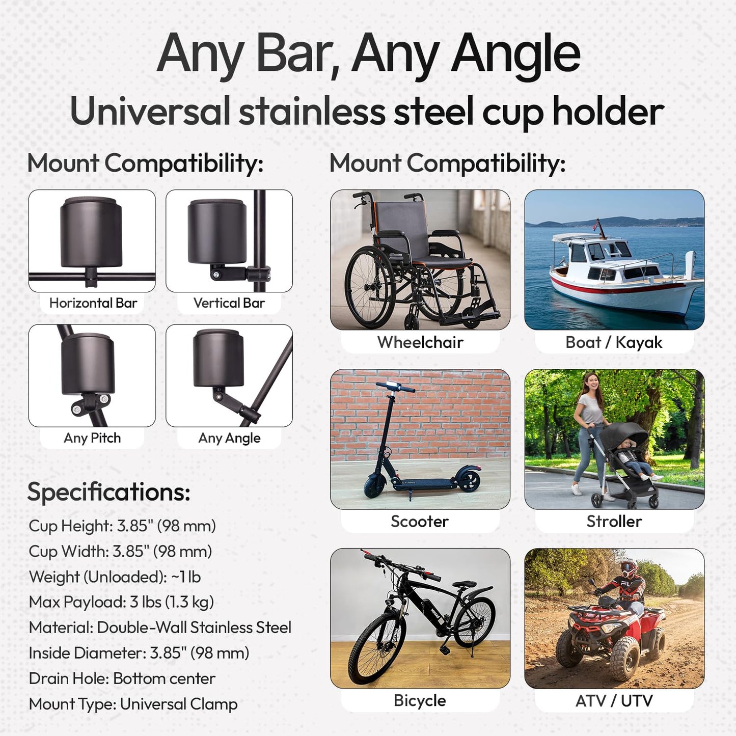 Kroozie Deluxe Stainless Steel Bike Cup Holder for Motorcycles, Strollers, Beach Cruisers, Wheelchairs, and ATVs - Fits Vertical or Angled Bars and Holds Drinks up to 48 oz