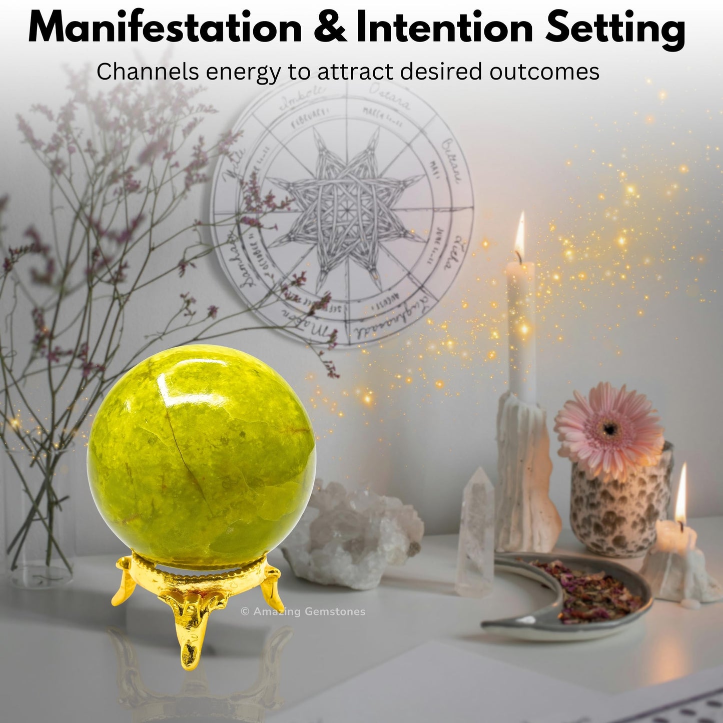 Amazing Gemstone Green Opal Crystal Ball with Stand - 2 Inches Crystal Sphere Meditation Balls for Witchcraft and Decorative Balls