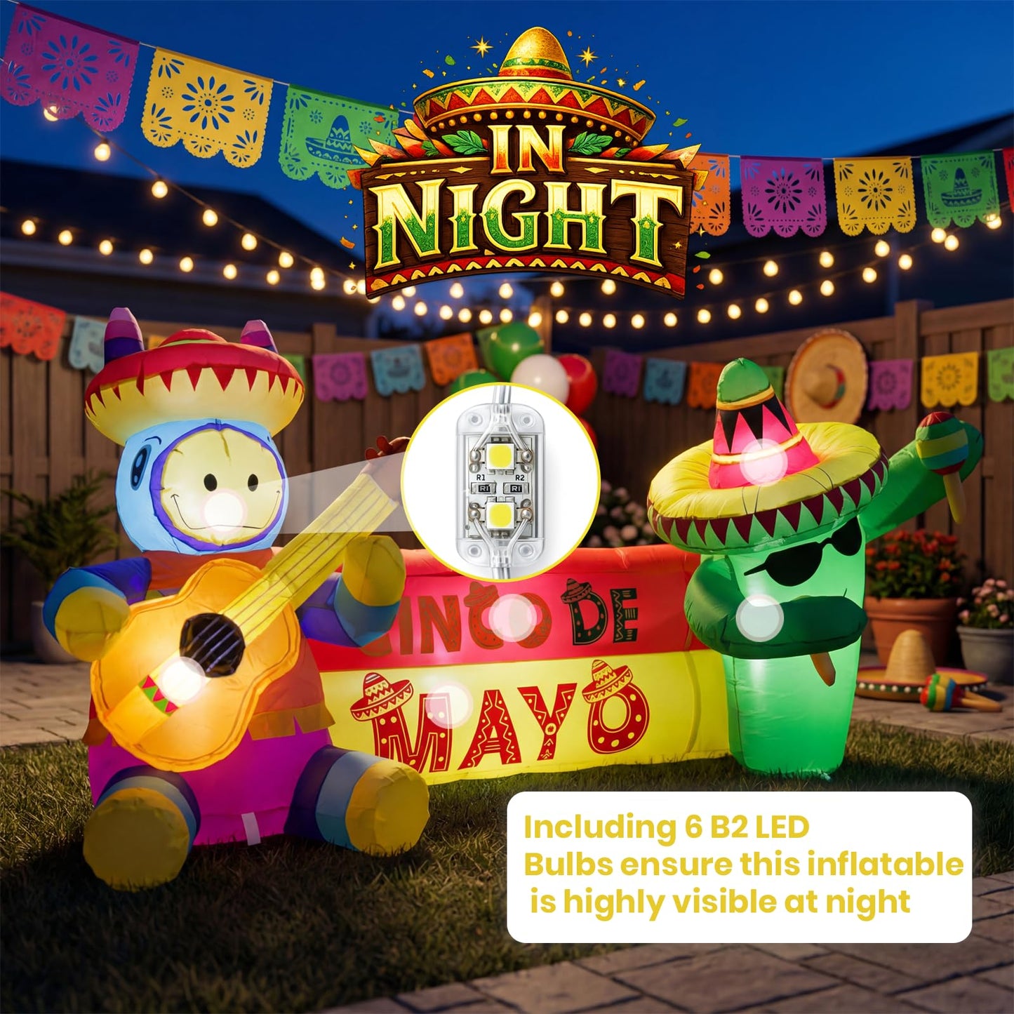 6.5FT Long Cinco De Mayo Inflatables Outdoor Decorations, Guitar Donkey & Maraca Cactus, Mexican Fiesta Blow Up Yard Decor for May 5 Taco Party, Lawn Garden Indoor Outdoor