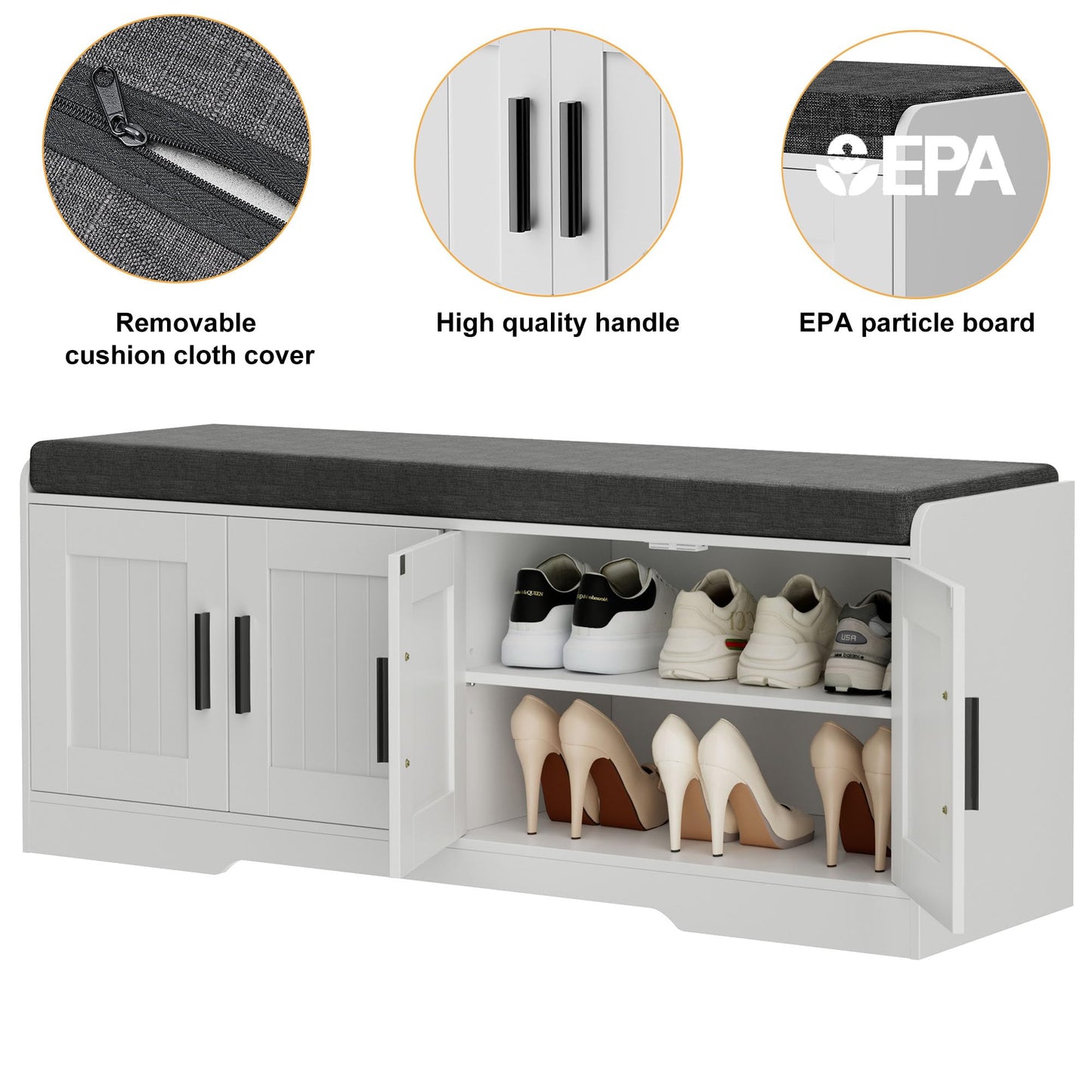 Homleke 2-Tier Storage Bench, Shoe Bench with Thickened Padded Seat Cushion, Entryway Bench with 4 Doors, Adjustable Shelf, 13.8" D x 45.3" W x 18.5" H, for Entryway, Living Room, Bedroom, White