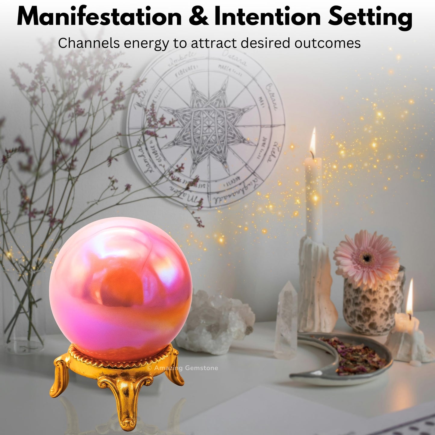 Amazing Gemstone Angel Aura Rose Quartz Crystal Ball with Stand - 2" Inches Crystal Sphere Meditation Balls for Witchcraft and Decorative Balls