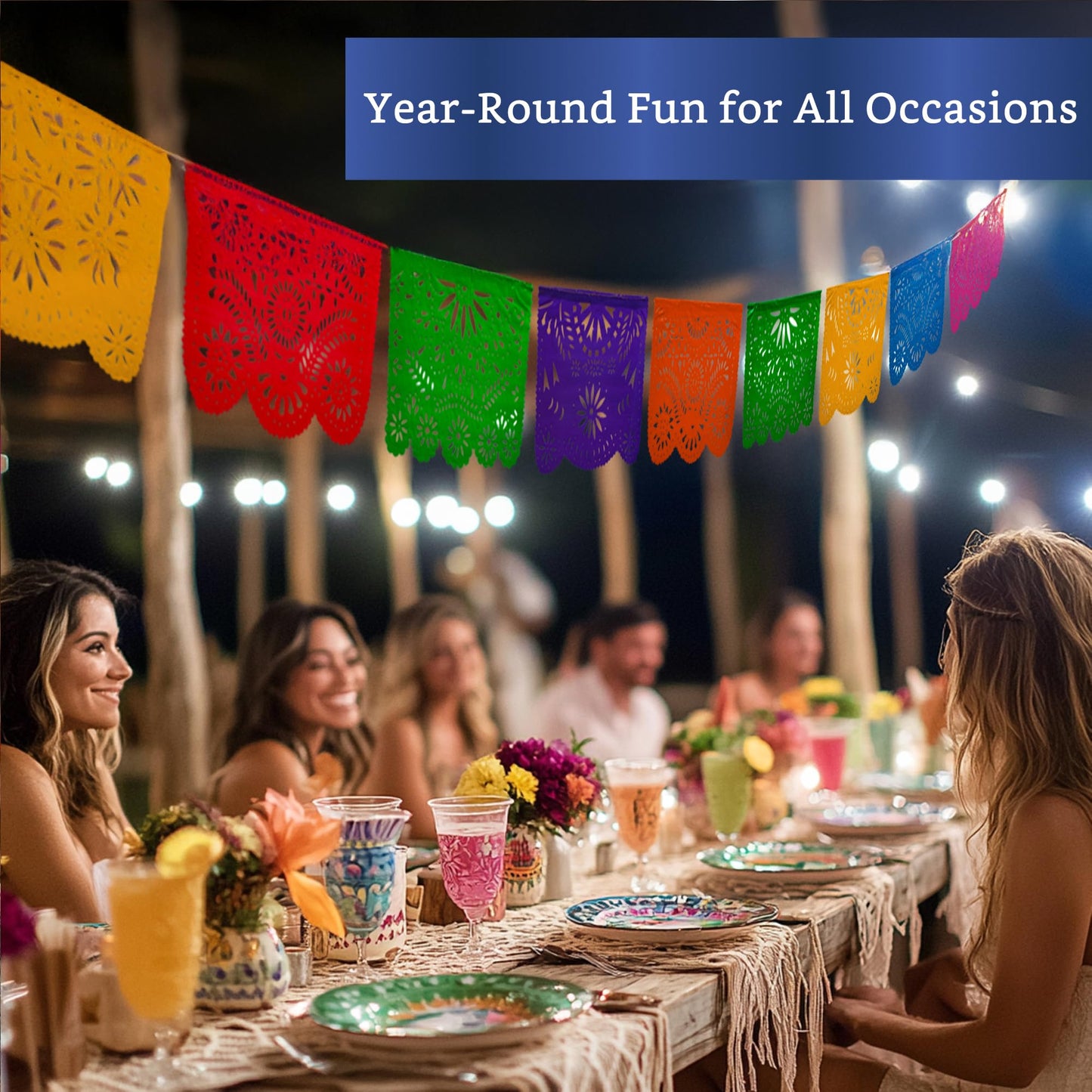 Mexican Party Banners (5 Pack with 10 Plastic Flags per Banner) - Papel Picado Mexicano para Fiesta - Plastic Papel Picado - Fiesta Themed Party Decorations - Mexican Decor