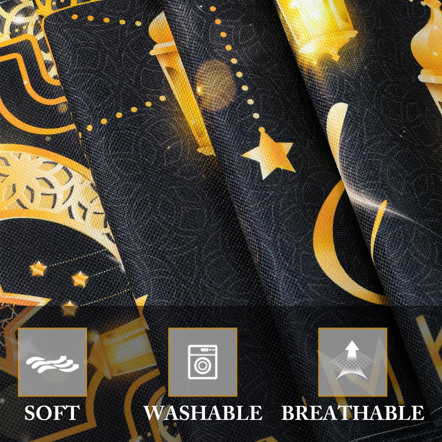 Fengrise Eid Mubarak Table Runner - Black Gold Ramadan Kareem Decorations for Home 2026, Star Moon and Lantern Pattern, Eid Al-Fitr Table Cloth,Islamic Decorations Supplies for Kitchen Indoor (13x72)