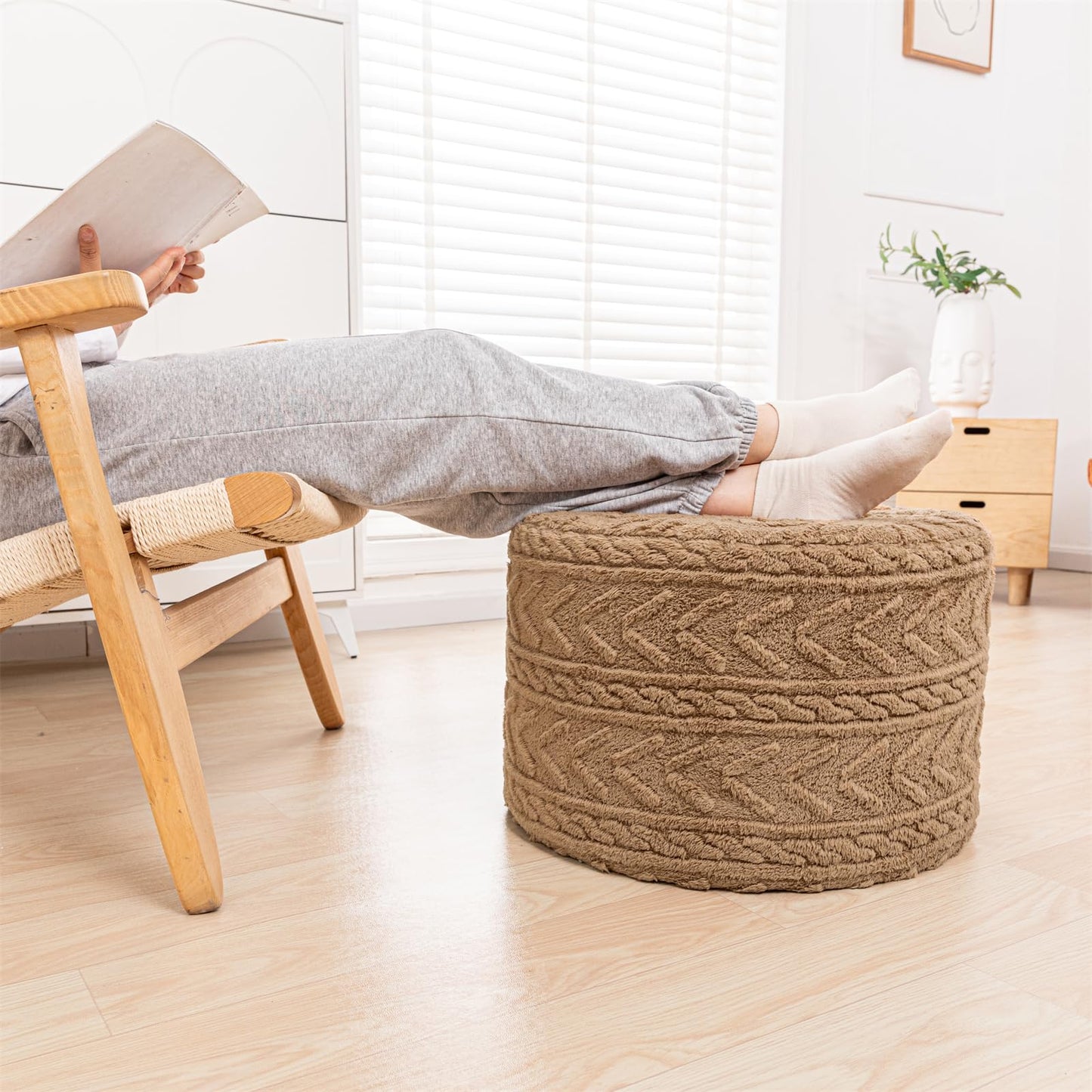 Beawelkomjo Boucle Pouf Ottoman and Foot Rest 20 x 20 x 14 Inches Floor Pouf Boho Foot Stool Home Decor for Couch Sofa Bean Bag Chairs Light Coffee