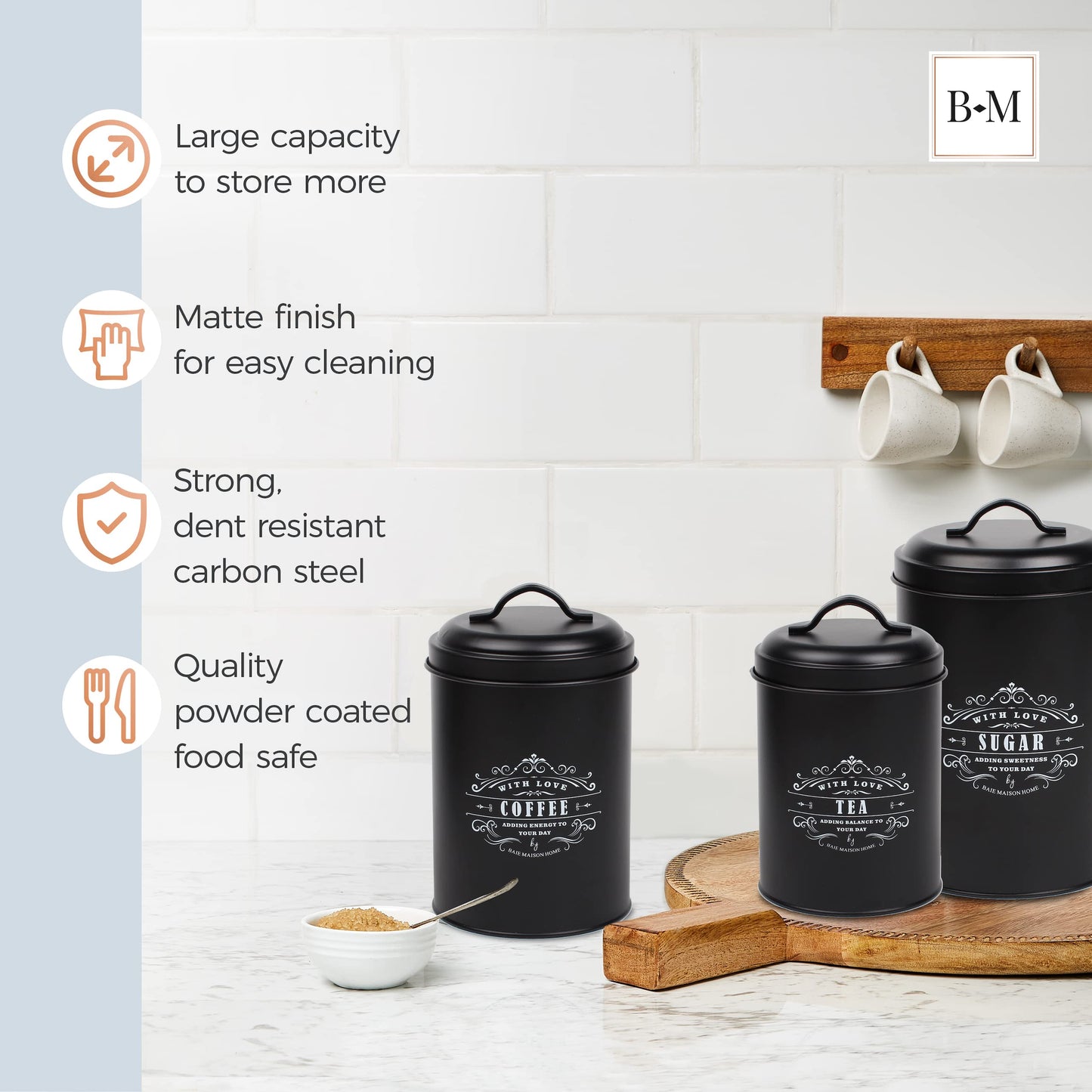 Baie Maison Large Black Kitchen Canisters Set of 3 - Farmhouse Canister Sets for Kitchen Counter - Coffee Tea Sugar Container Set - Rustic Kitchen Canisters for Countertop - Metal Kitchen Decor Jars