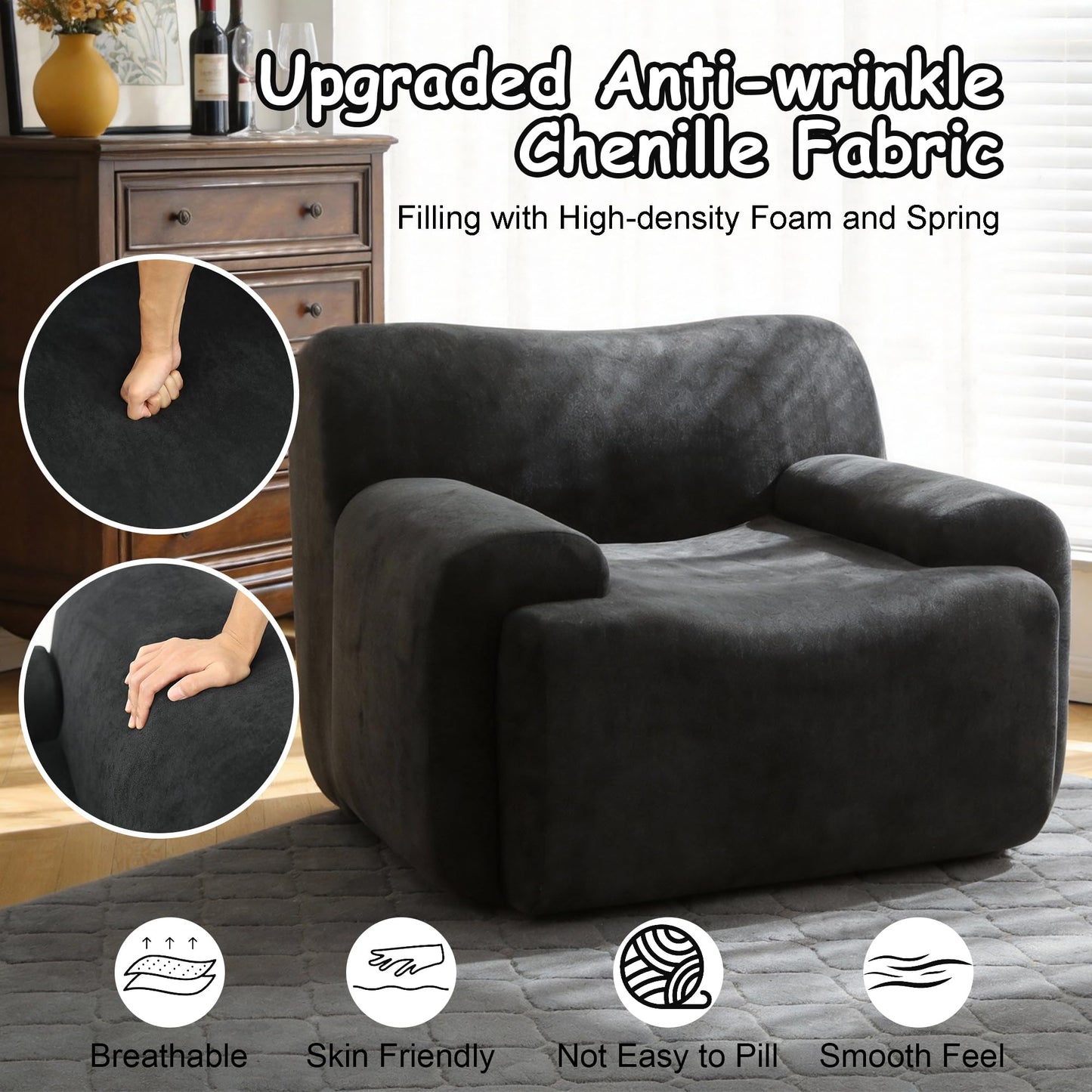 FASADI Oversized Accent Chair - 42" Boneless Chenille Single Sofa Chair for Living Room, Cloud Armchair Foam & Spring Couch for Living Room, Bedroom, Office. Reading, No Assembly