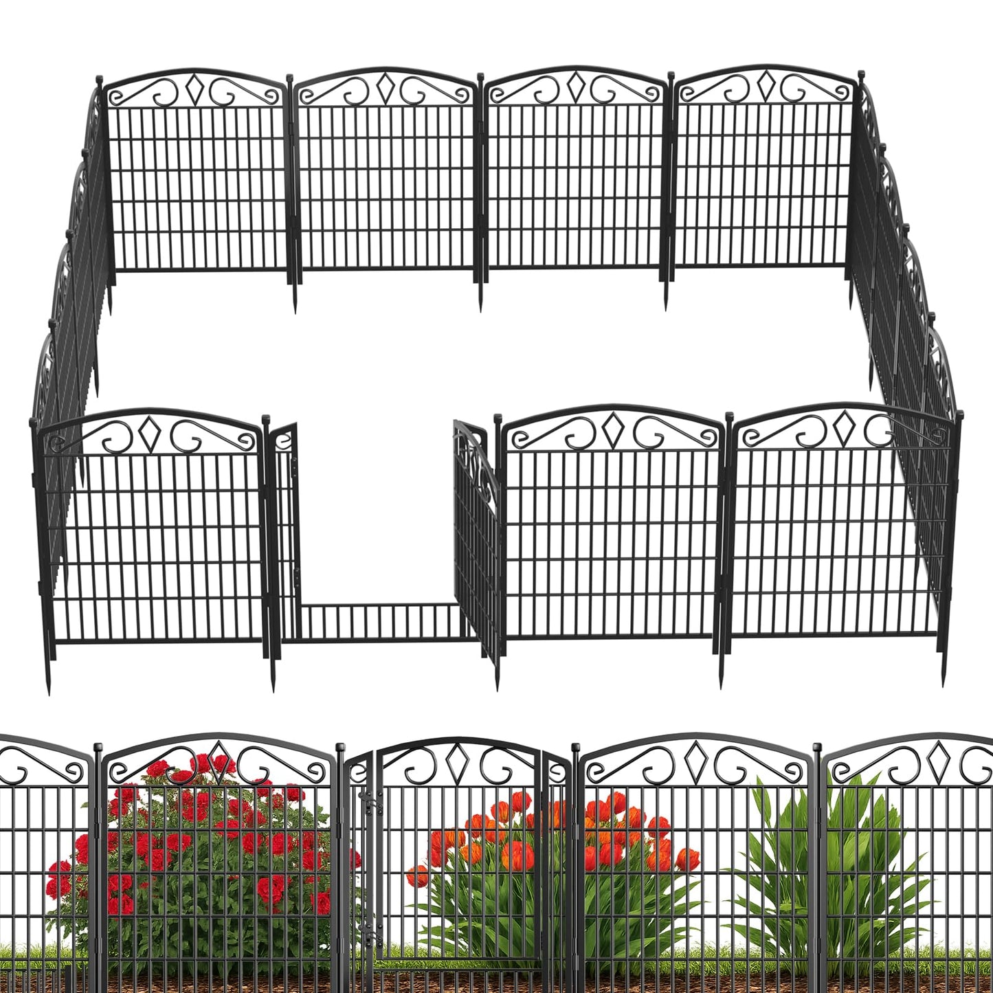 10 Panels No Dig Decorative Garden Fence with Gate, GATKITOM 31.3in(H) x 21.7ft(L) Rustproof Animal Barrier Metal Dog Fence Outdoor for Yard, Patio, Temporary Garden Fencing with Ground Stakes