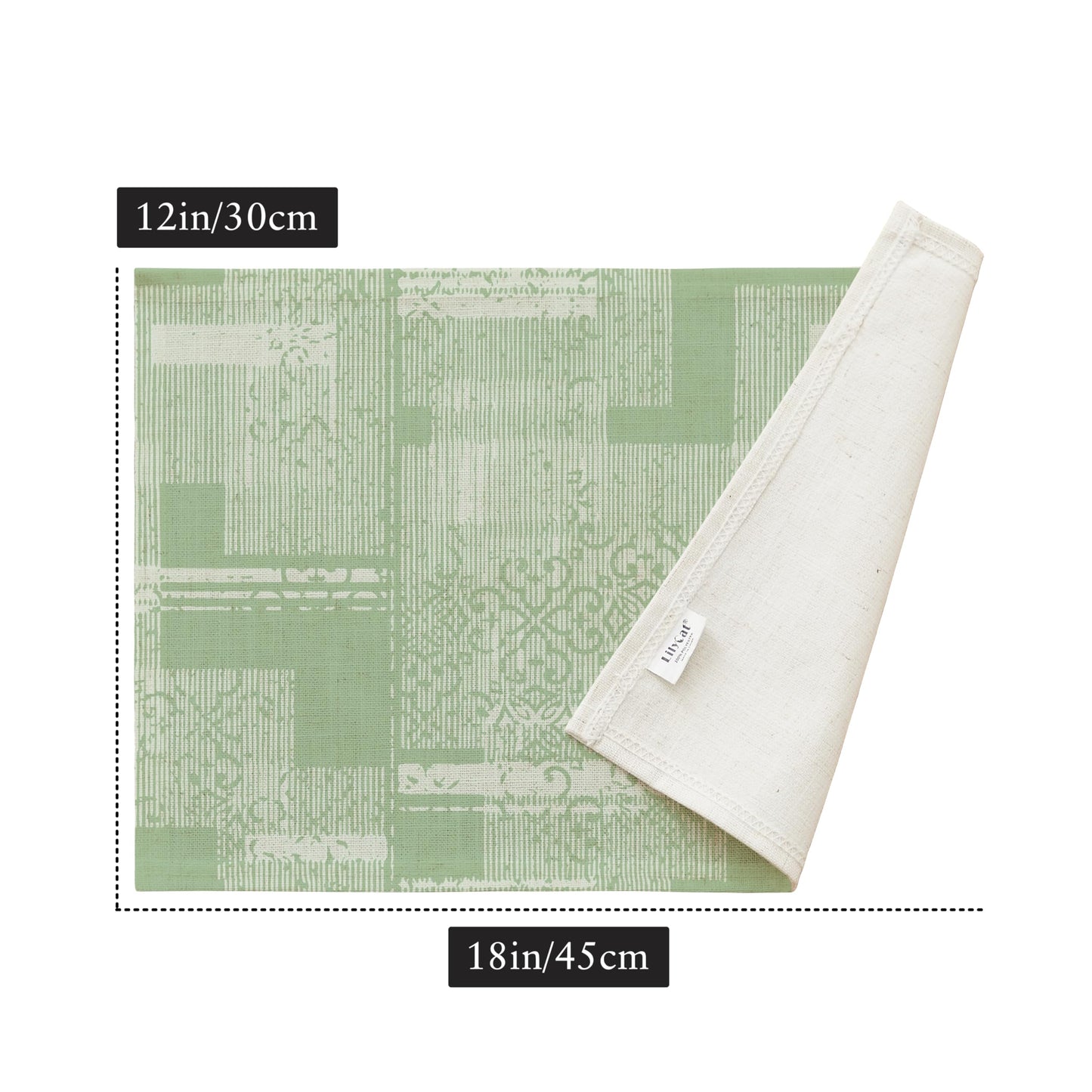 LilyCat Linen Fabric Floral Placemats, Green Stripes Durable Boho Dining Table Mats for Kitchen, Rustic Vintage Washable Place Mats Set of 4, 18’’× 12’’