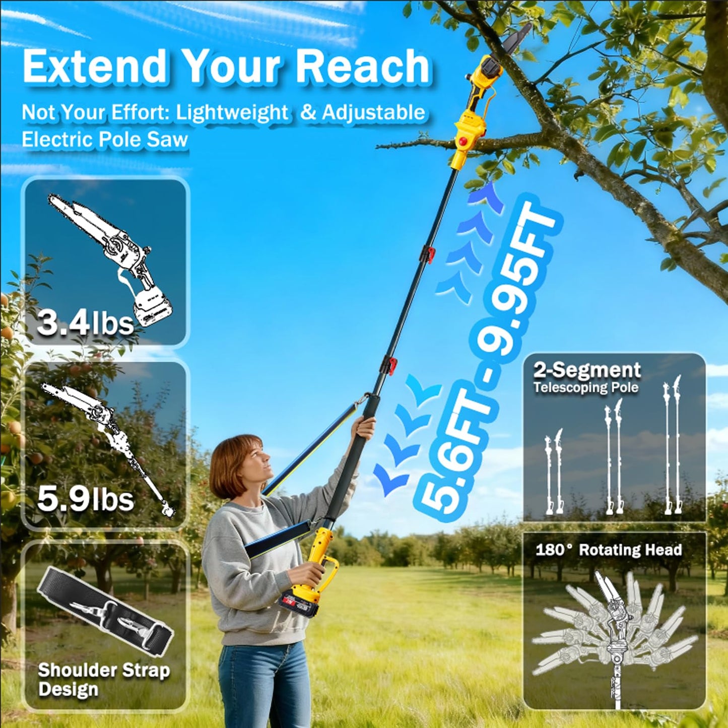 2-in-1 Cordless Pole Saw for Tree Trimming, Brushless Electric 8-Inch Mini Chainsaw with 2 x 4000mAh Battery Powered, Angle Adjustable / 16-Foot MAX Extension Pole, Branch Cutter Pruner