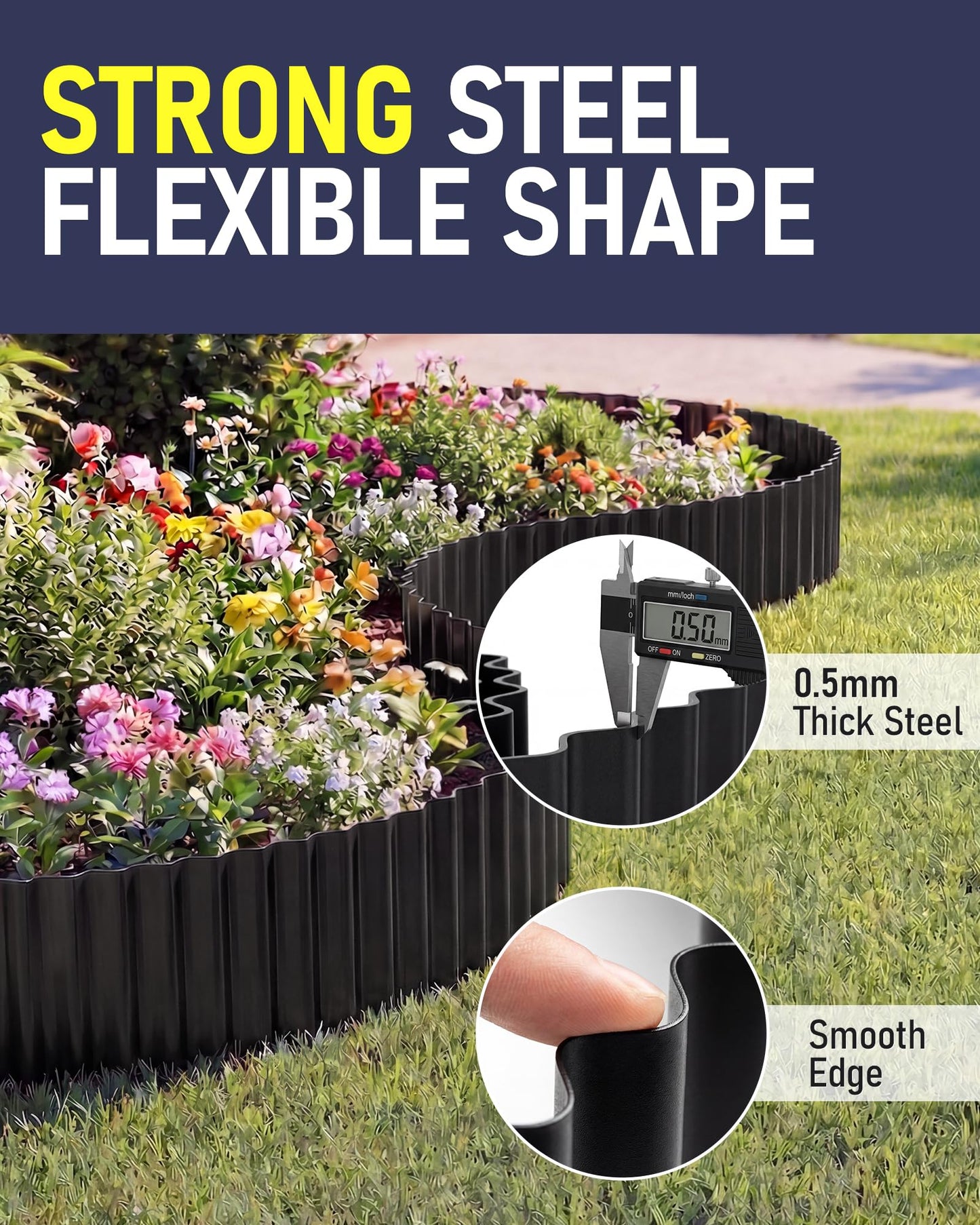 SOCONT Corrugated Metal Garden Edging, 6"×40Ft Durable Landscape Border for Garden, Lawn, Flower Beds and Paver Edging (Black)