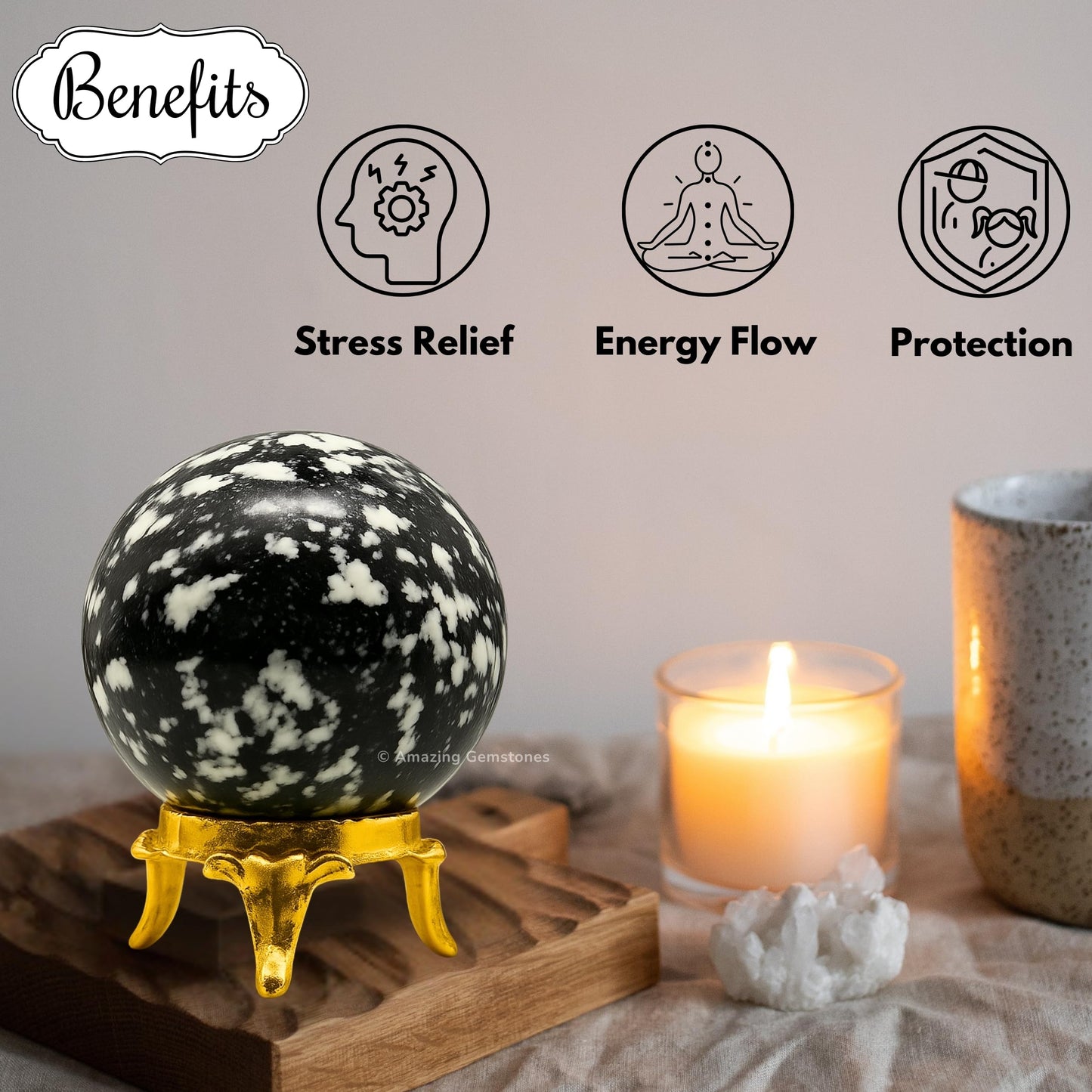 Amazing Gemstone Black and White Tourmaline Crystal Ball with Stand - 2" Inches Crystal Sphere Meditation Balls for Witchcraft and Decorative Balls
