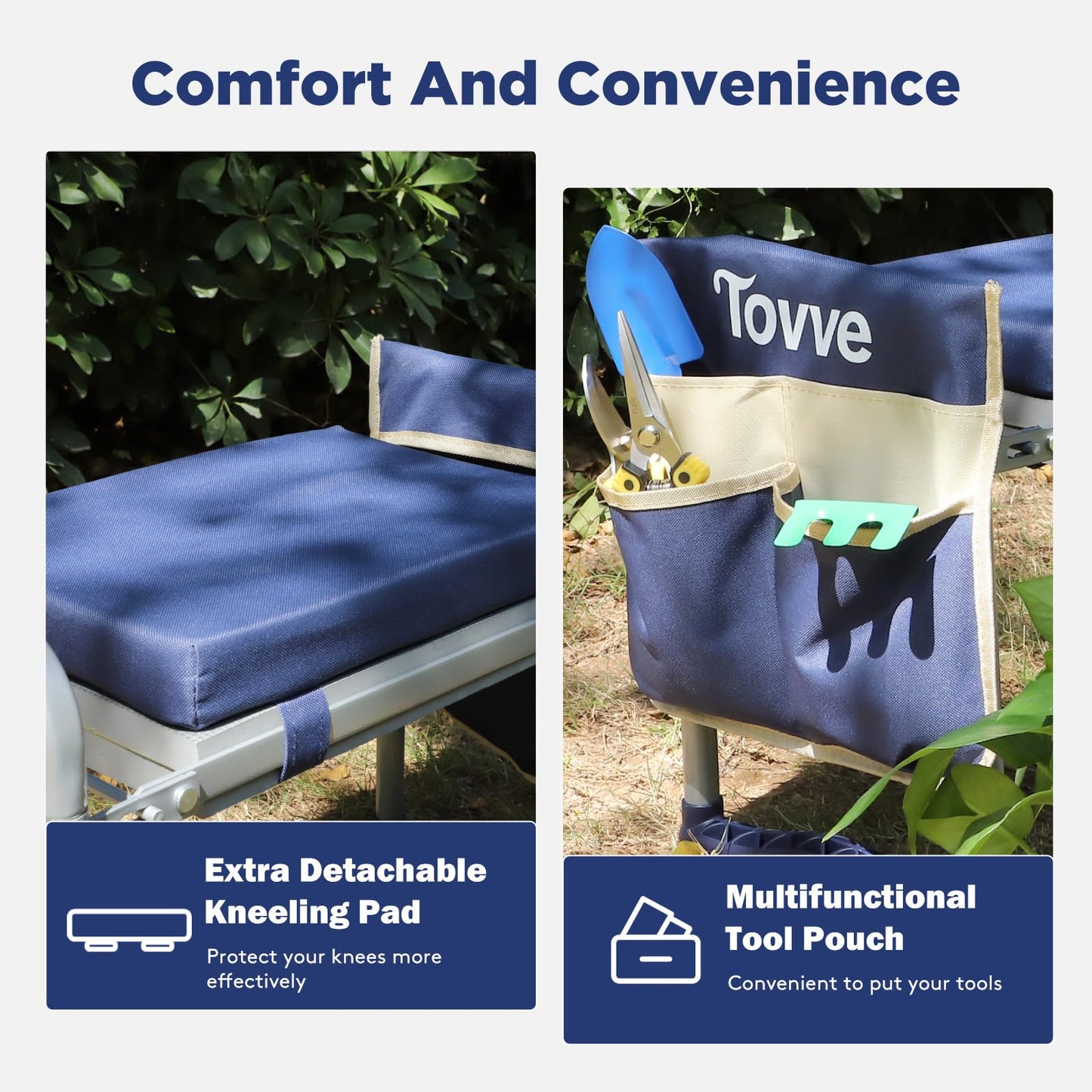 Tovve Foldable Garden Kneeler and Seat, Heavy Duty Garden Stool with 10" Wide Detachable Kneeling Pad, Portable Garden Bench Chair with Large Garden Tool Bag, Gardening Gifts for Women, Seniors, Mom