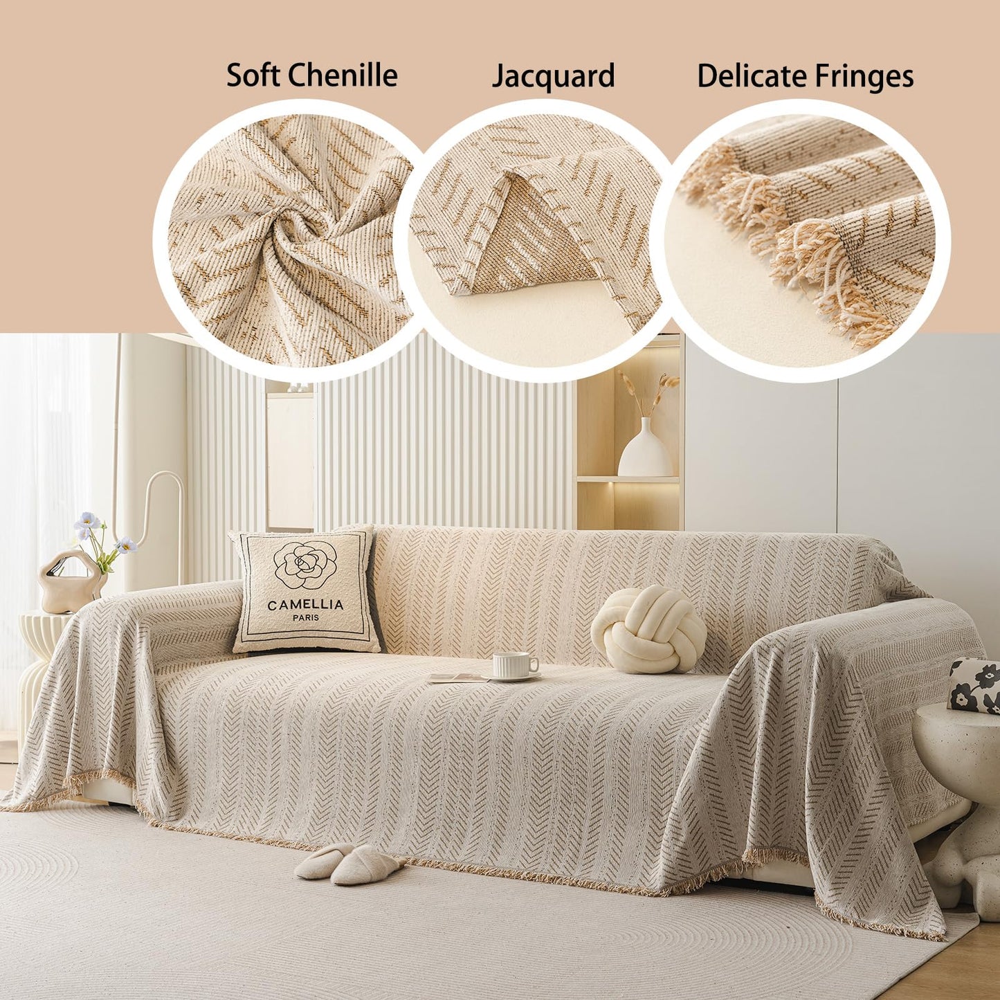 EvaLoome Chenille Sofa Throw Blanket with Herringbone Pattern and Tassel Edges, Thick & Soft Couch Cover, Machine Washable, Anti-Slip, Pet-Friendly, Fits 2/3-Seater (Beige, 71″x134″)