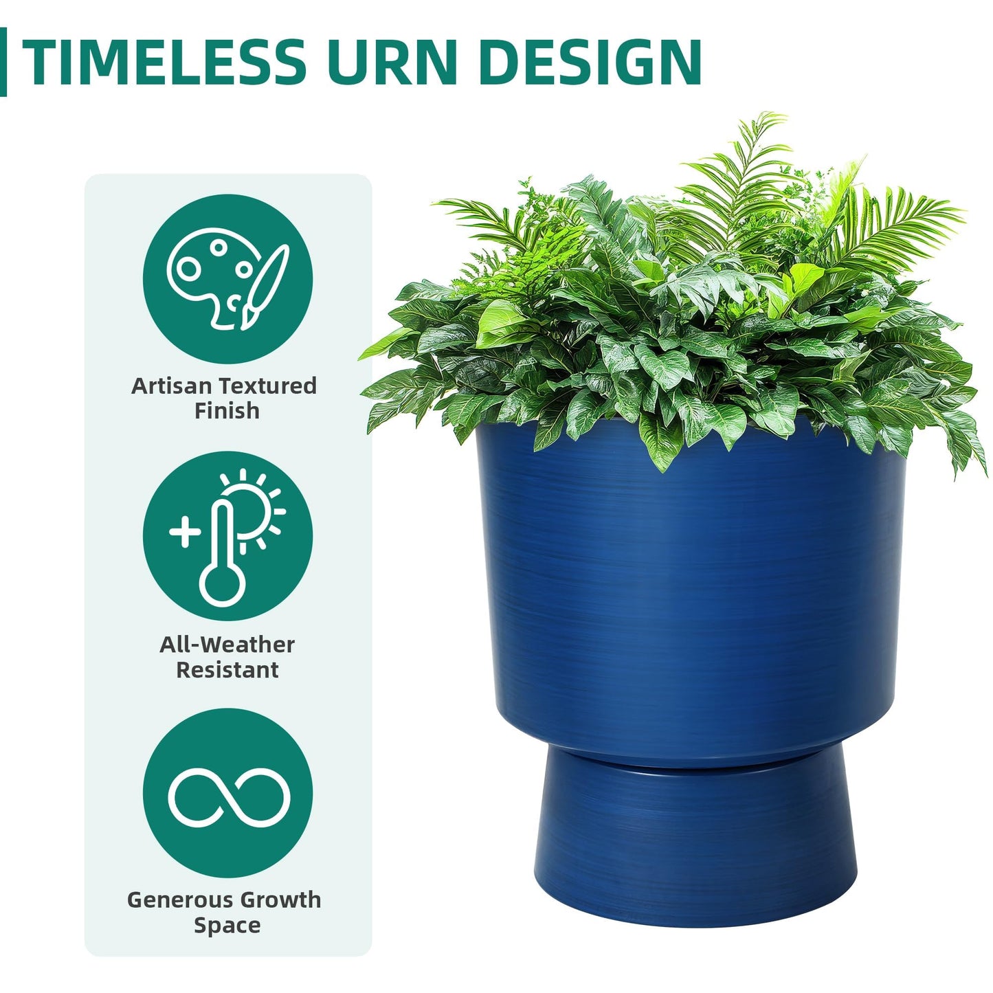 Ultym 16.8" 2-Pack Urn Planters for Outdoor Indoor Plants, Modern 2-in-1 Large Flower Pots with Detachable Base, Drainage Holes, Weather-Resistant for Garden Patio Home Office Decor, Brushed Blue