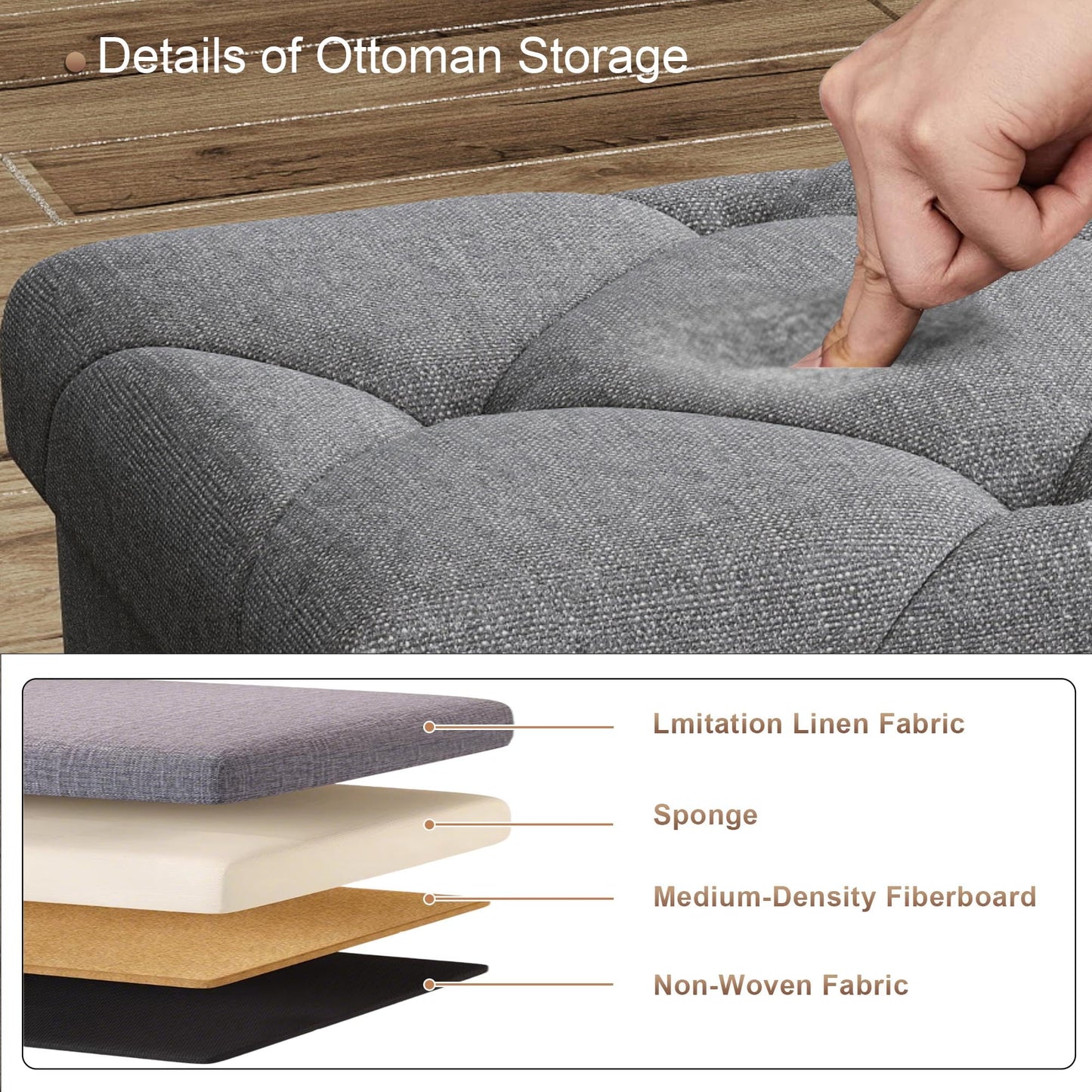 ZEUKMXOO 30 inch Storage Ottoman Bench, 30 inch Folding Storage Bench Ottoman, for Bedroom, Living Room, and Utility Room, Grey (30'' W)
