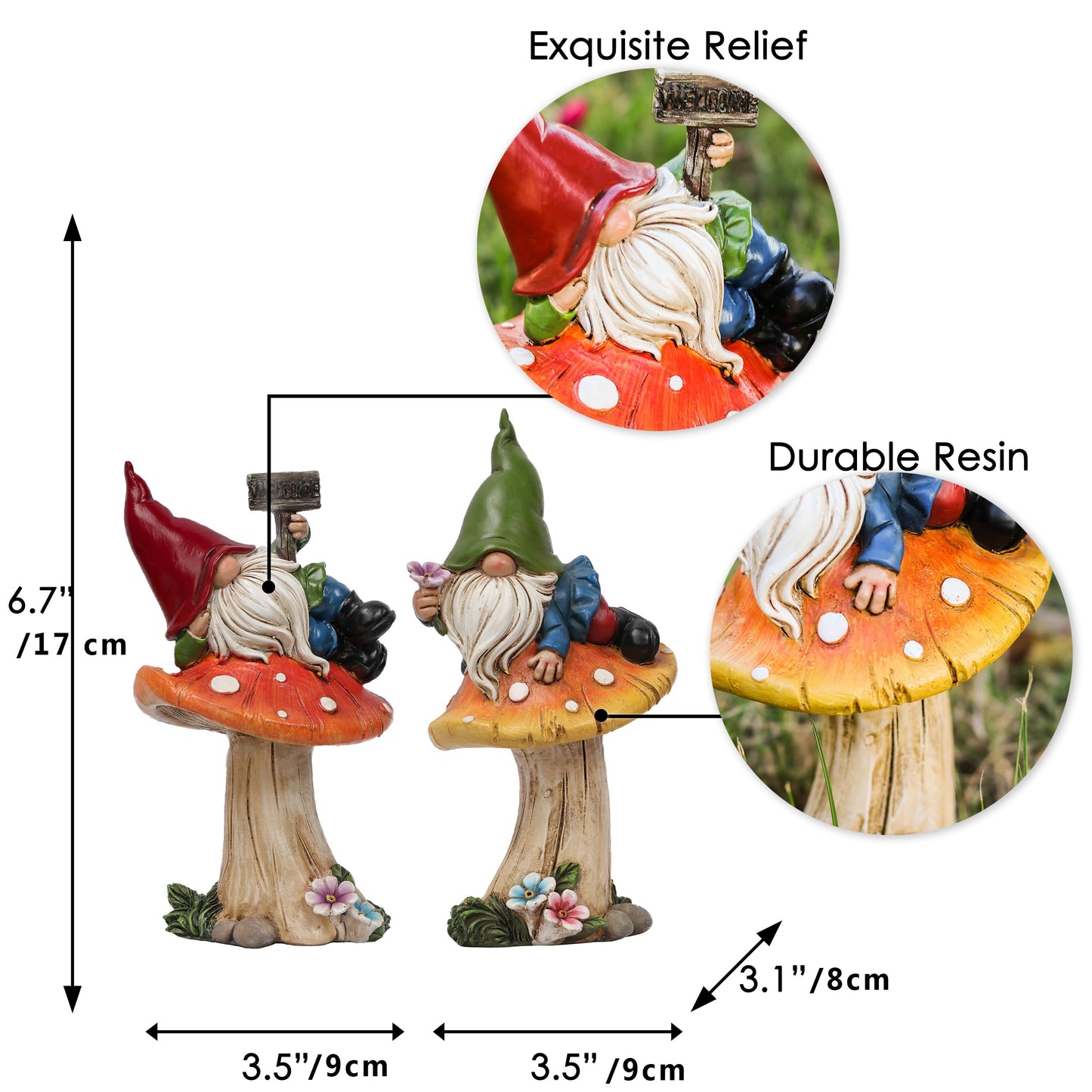 TERESA'S COLLECTIONS Resin Statues for Yard, Set of 2 Cute Garden Gnomes on Mushroom Statues for Outdoor Patio Porch Lawn, Ideal Gift for Dad Mom Birthday, Outside Decor Housewarming Gifts, 6.7"
