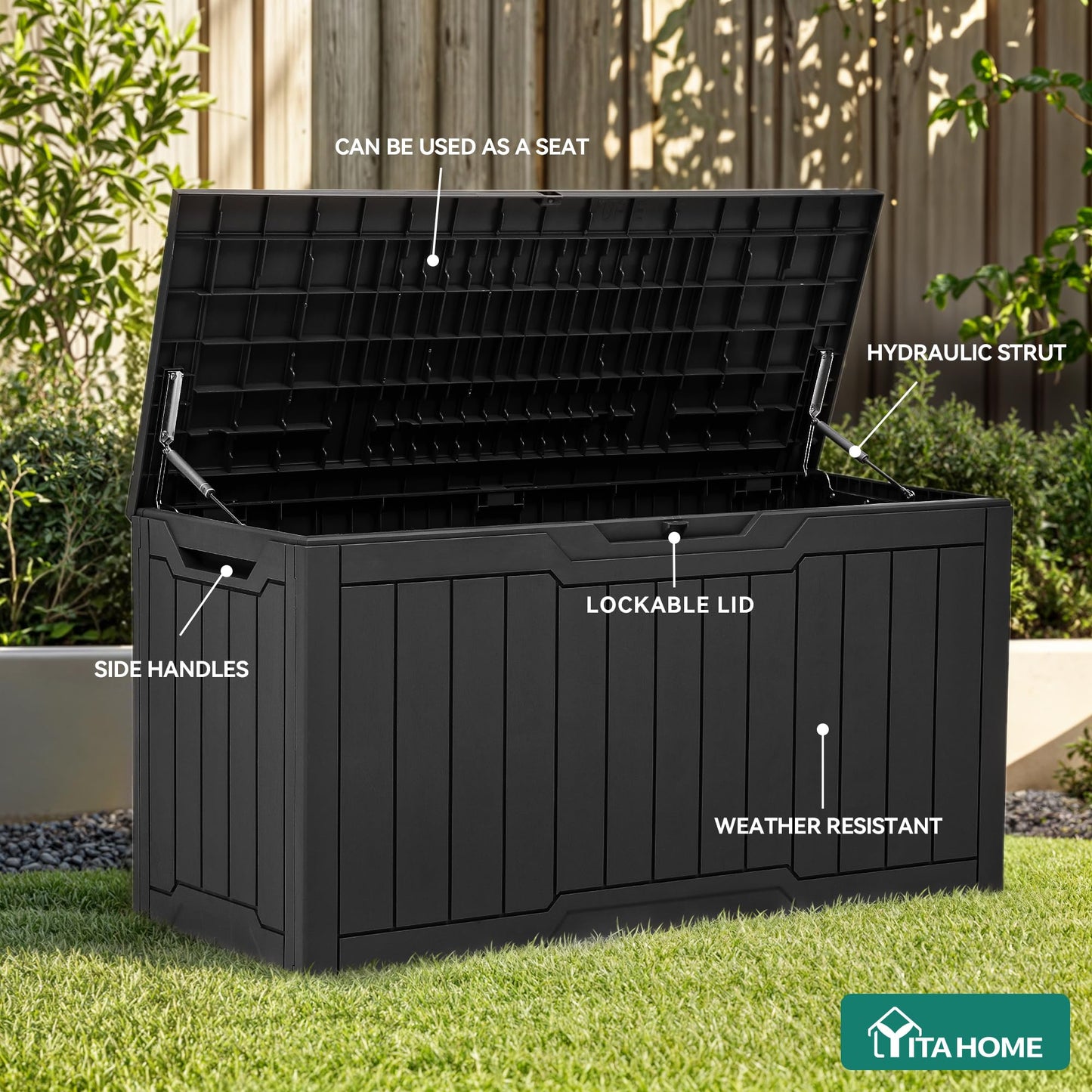 YITAHOME 80 Gallon Resin Deck Box, Weather Resistant Outdoor Storage Box, Lockable Indoor Outdoor Storage for Supplies and Essentials, Black