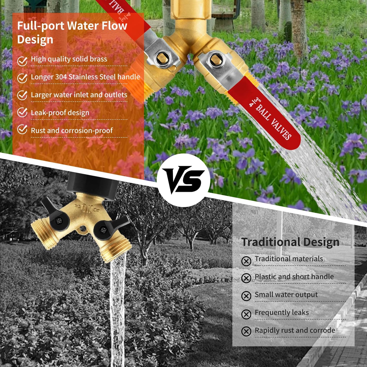 Garden Hose Splitter 2 Way Heavy Duty, Solid Brass Faucet Splitter with Shutoff, Outdoor Full Flow Y Valve Water Hose Splitter Adapter With Long Handle 3/4" GHT Thread