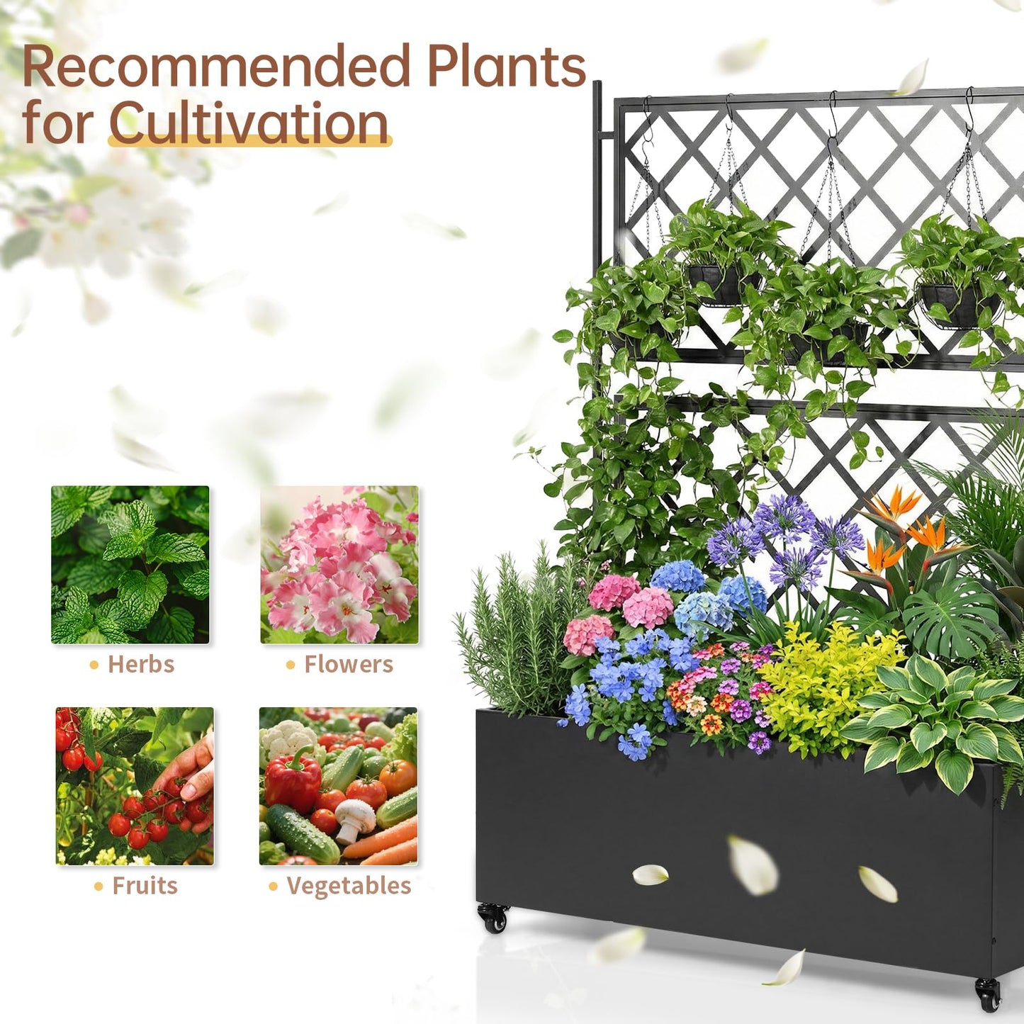 VINGLI 71″H Metal Raised Garden Bed with Trellis and Wheels, Outdoor Planter Box with Drainage Holes for Climbing Plants, Vegetables and Vines, Privacy Screen, for Patio, Backyard and Balcony, Black