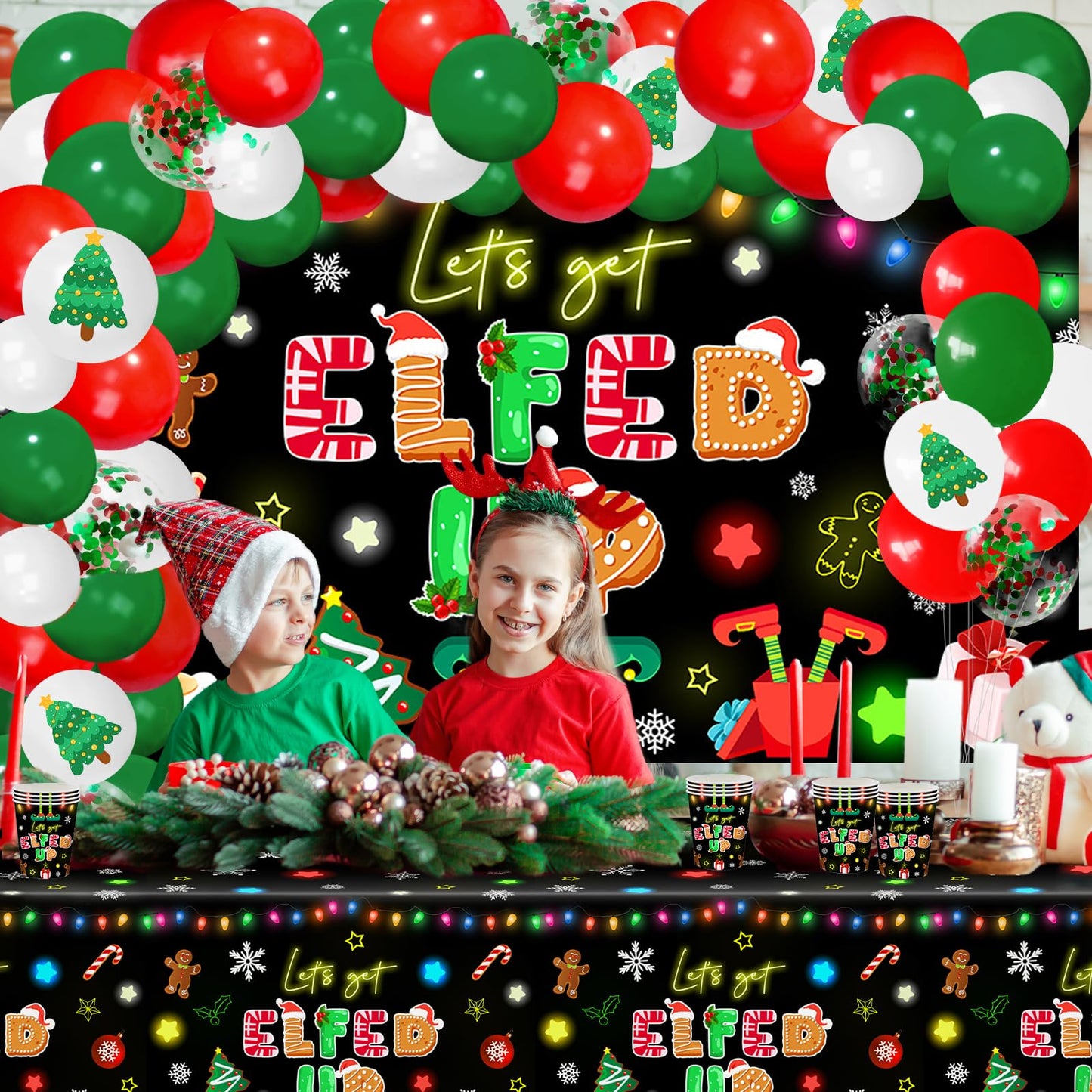 Lecheme Christmas Party Decorations 300 PCS Let's Get Elfed Up Backdrop Tableware Plates Napkins Serve 24 Friendsmas Balloon Arch Elf Christmas Party Supplies
