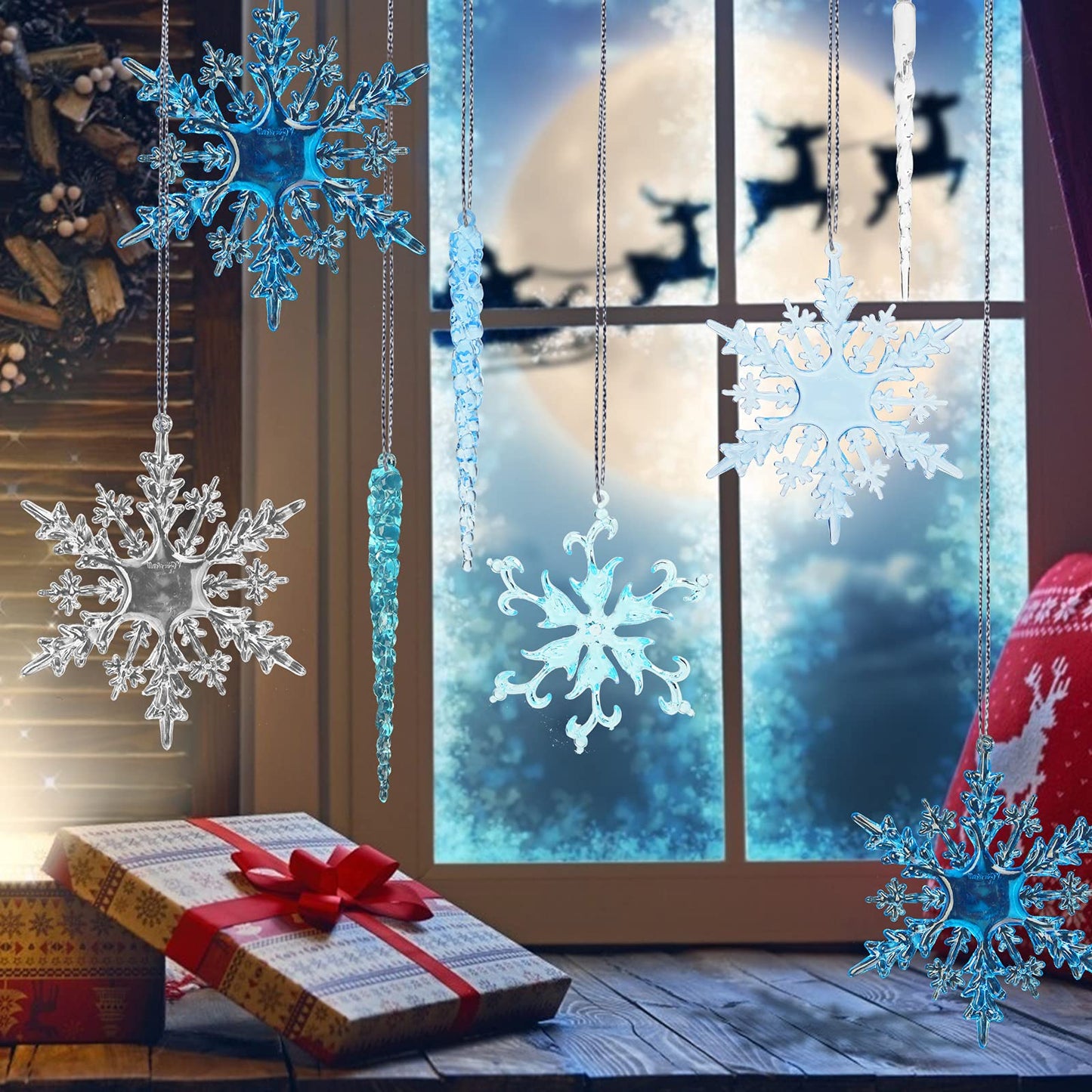 VGOODALL 36PCS Clear Snowflake & Icicle Ornaments, Acrylic Christmas Tree Decorations with Gold & Silver Strings Winter Wedding/Party/DIY Decor